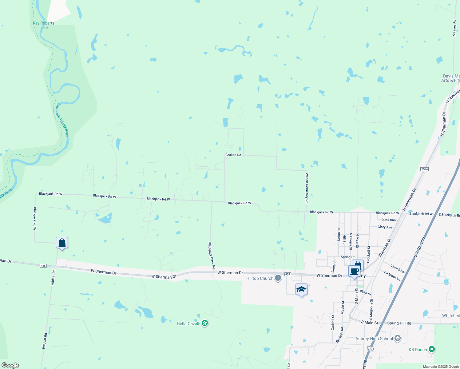 map of restaurants, bars, coffee shops, grocery stores, and more near 7156 Grubbs Road in Aubrey