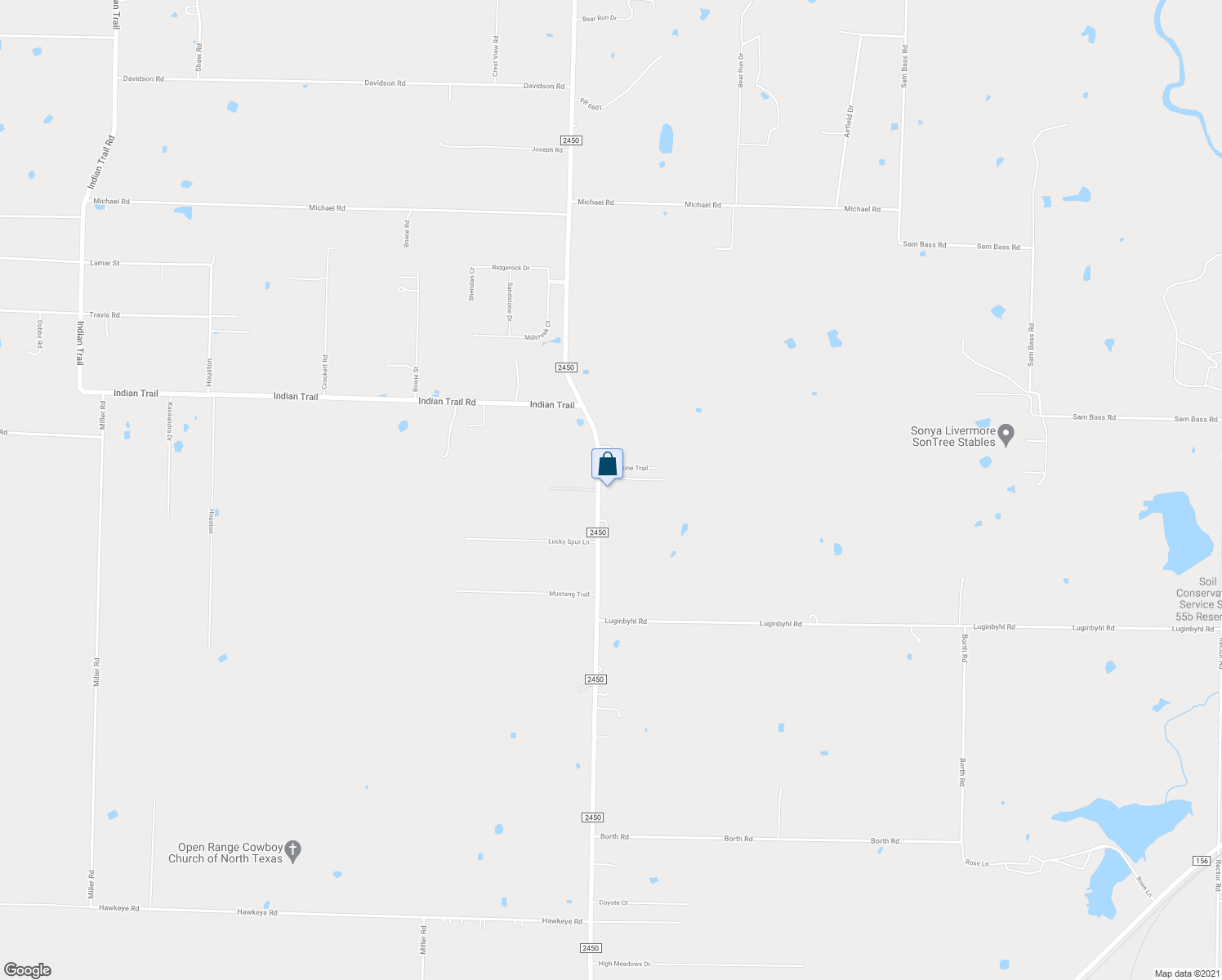 map of restaurants, bars, coffee shops, grocery stores, and more near 7178 Farm to Market Road 2450 in Sanger