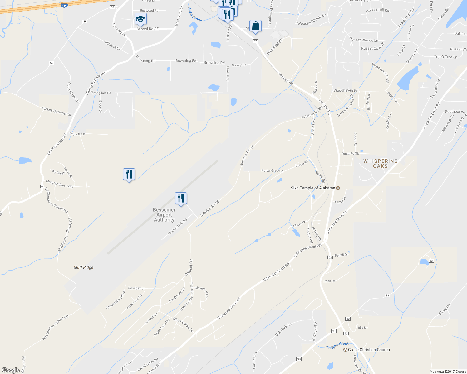 map of restaurants, bars, coffee shops, grocery stores, and more near 470 Aviation Road Southeast in Bessemer