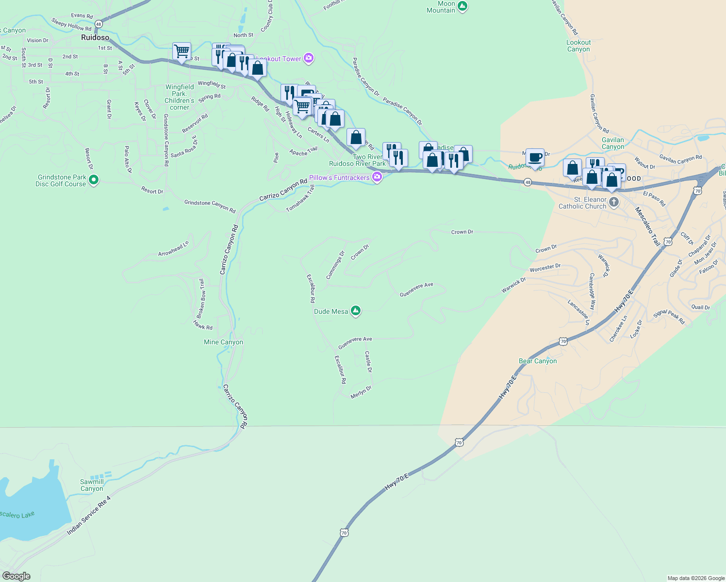 map of restaurants, bars, coffee shops, grocery stores, and more near 215-225 Crown Dr in Ruidoso