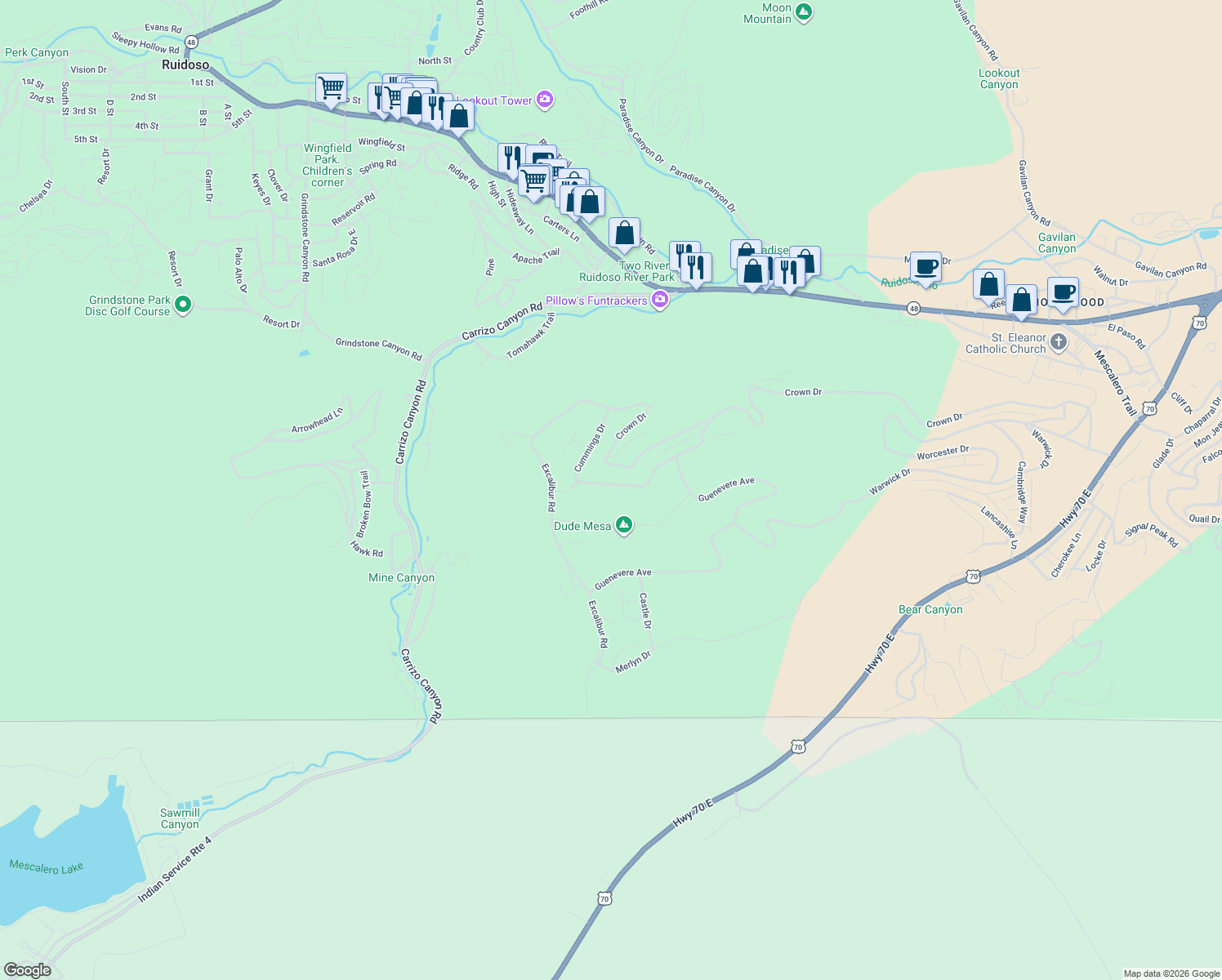 map of restaurants, bars, coffee shops, grocery stores, and more near 223 Cummings Drive in Ruidoso