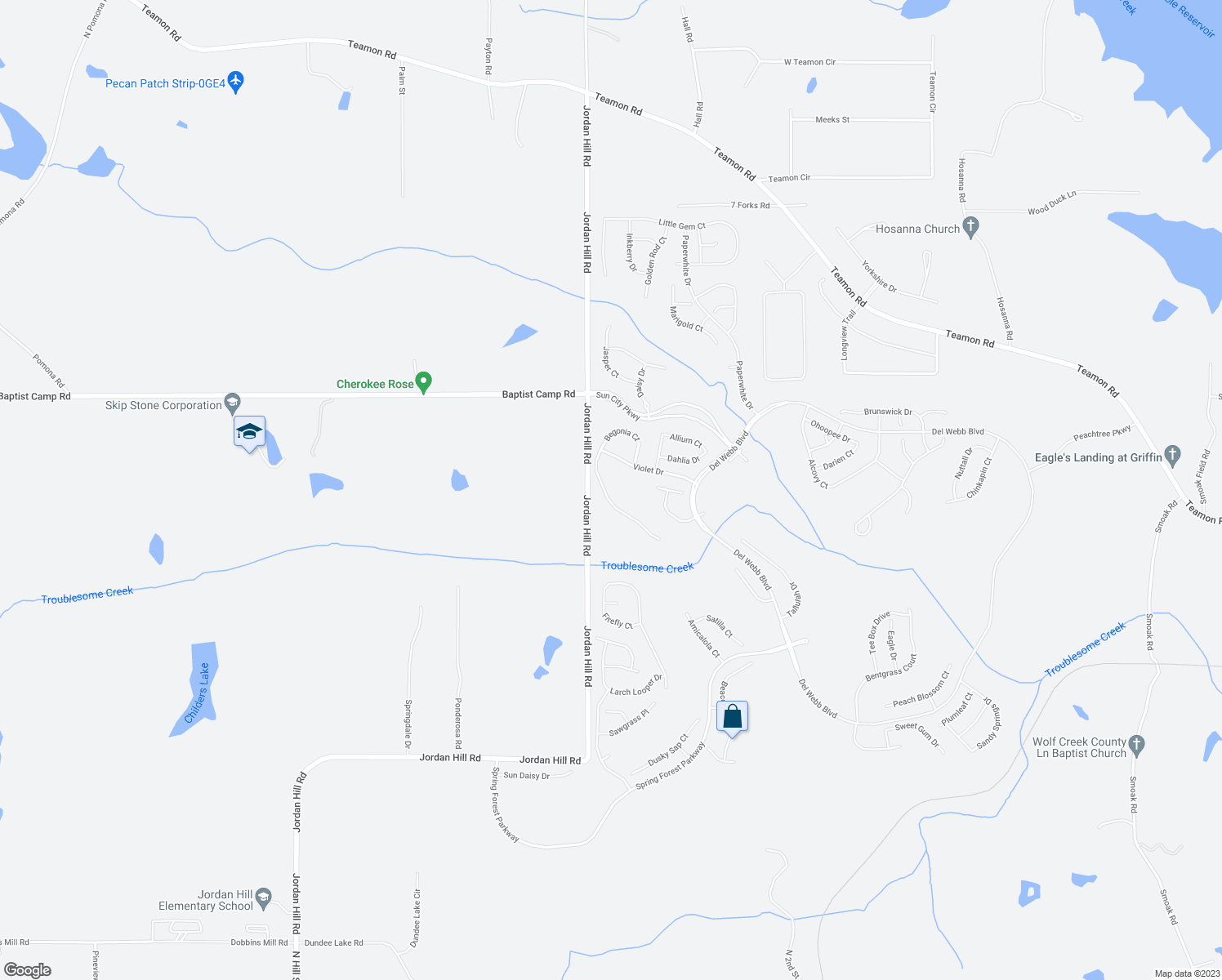 map of restaurants, bars, coffee shops, grocery stores, and more near 155 Begonia Court in Griffin