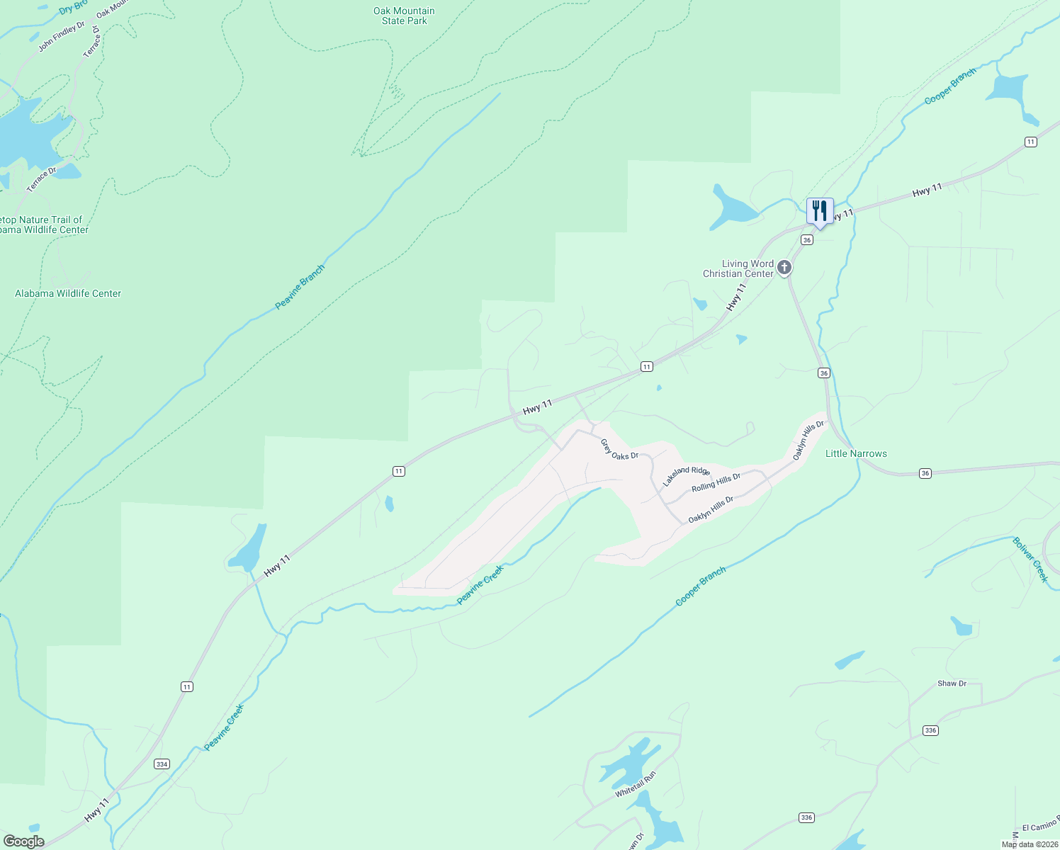map of restaurants, bars, coffee shops, grocery stores, and more near Grey Oaks Parkway in Pelham