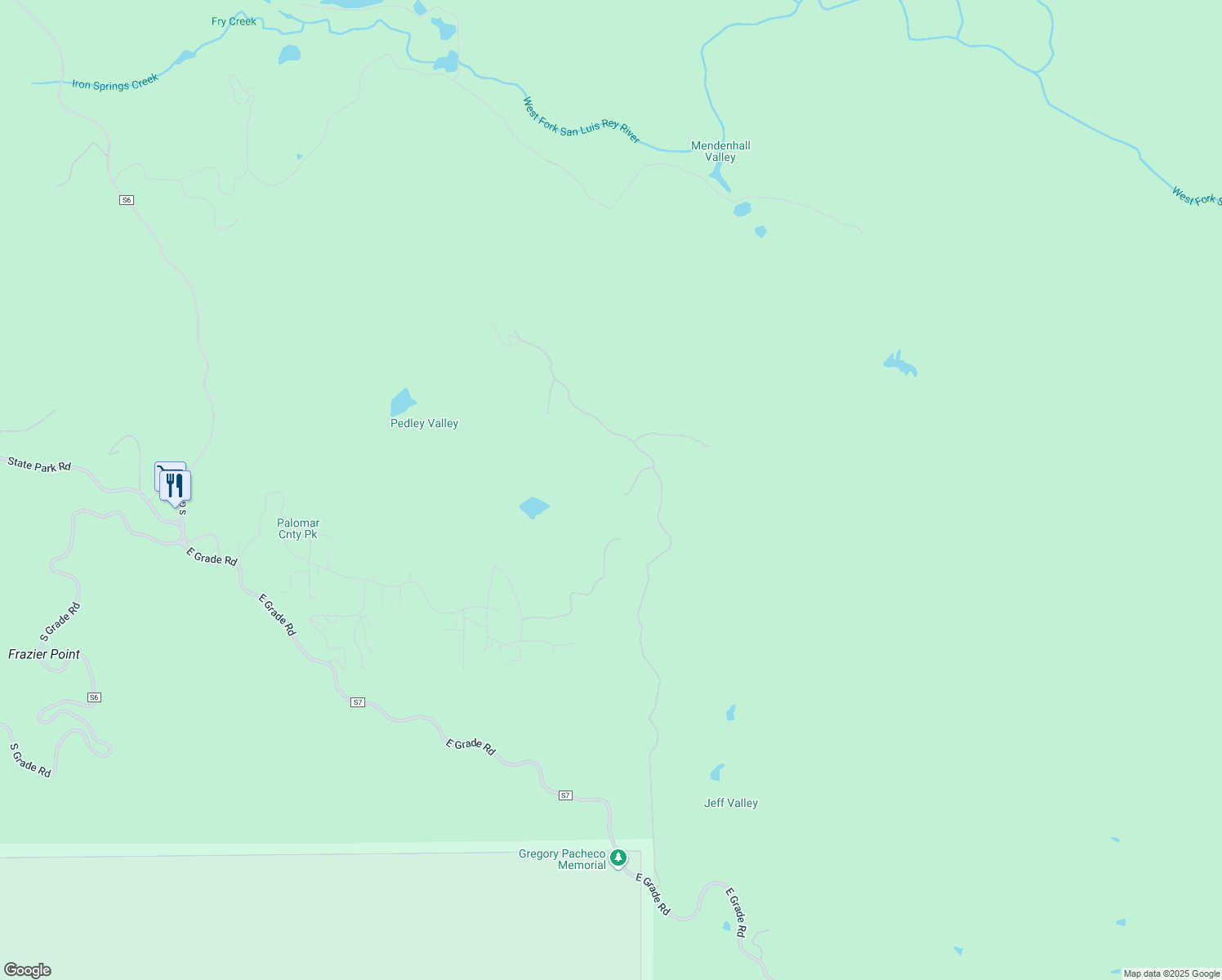 map of restaurants, bars, coffee shops, grocery stores, and more near 22520 Greenfield Way in Palomar Mountain