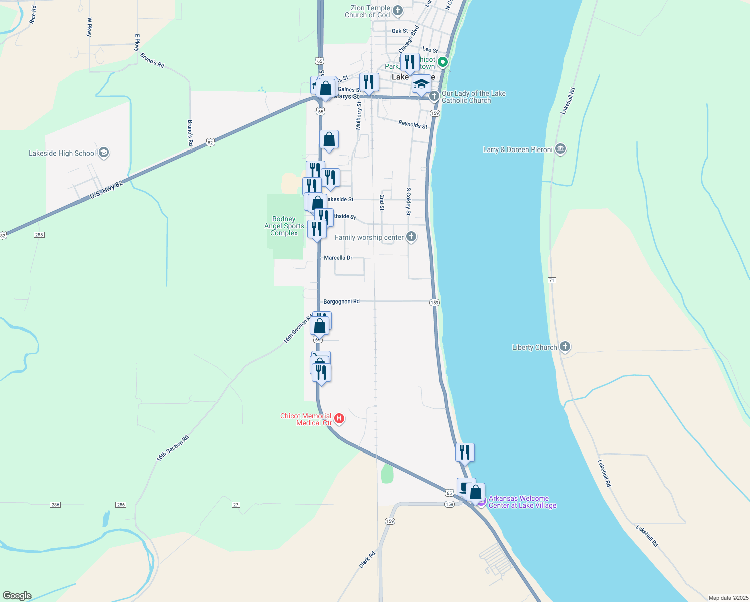 map of restaurants, bars, coffee shops, grocery stores, and more near Borgognoni Road in Lake Village