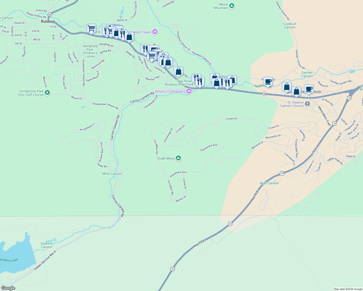 map of restaurants, bars, coffee shops, grocery stores, and more near 223 Cummings Drive in Ruidoso