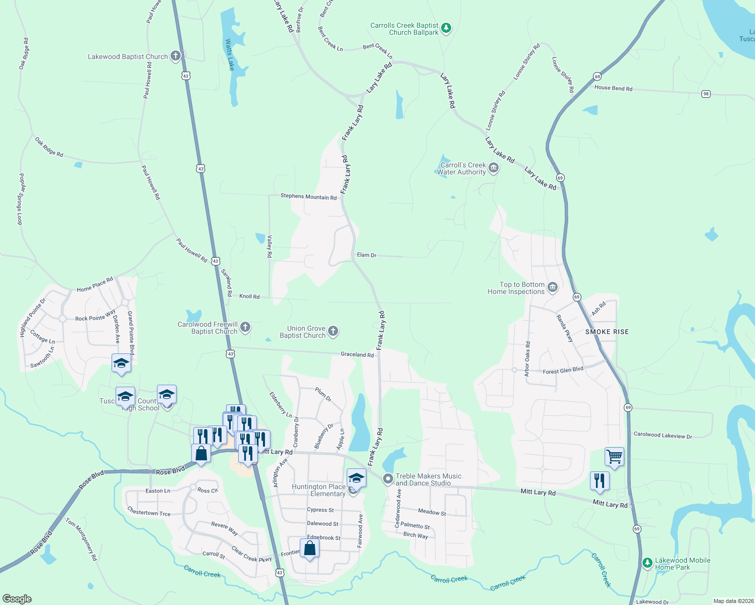 map of restaurants, bars, coffee shops, grocery stores, and more near 13800 Frank Lary Road in Northport