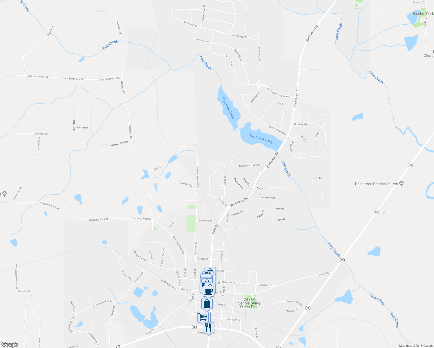 map of restaurants, bars, coffee shops, grocery stores, and more near 85 Spring Circle in Senoia