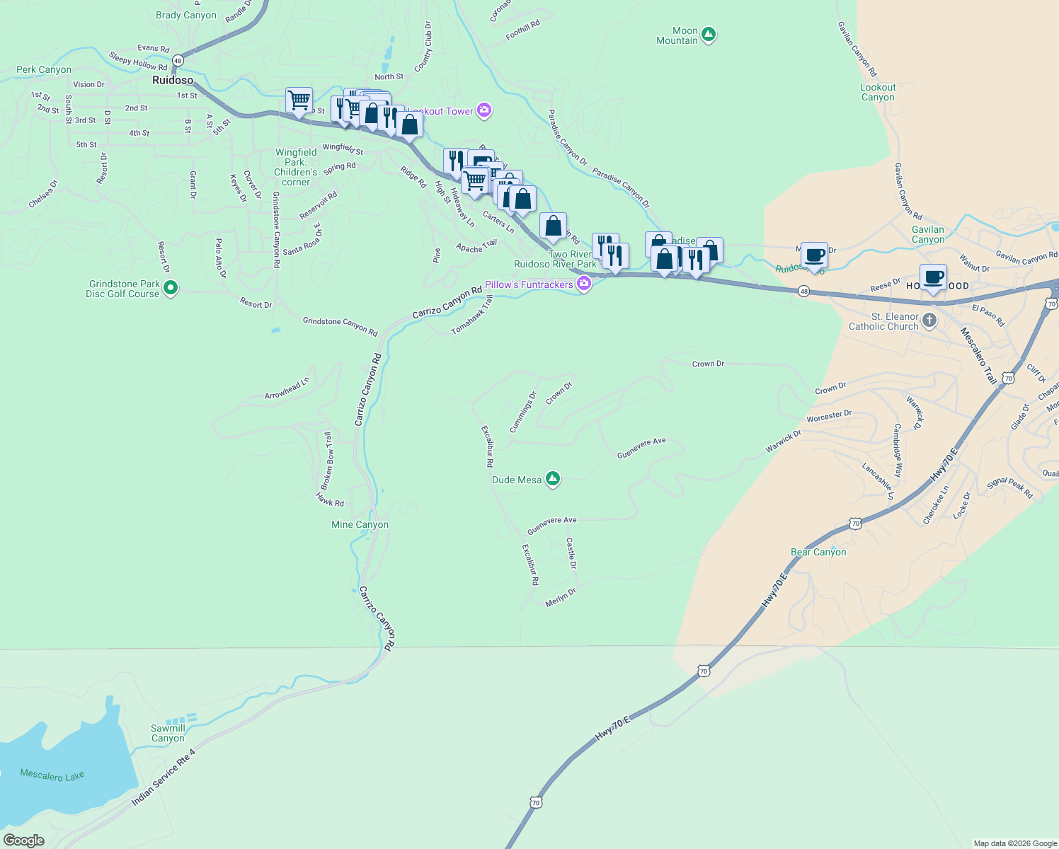 map of restaurants, bars, coffee shops, grocery stores, and more near 299 Crown Drive in Ruidoso
