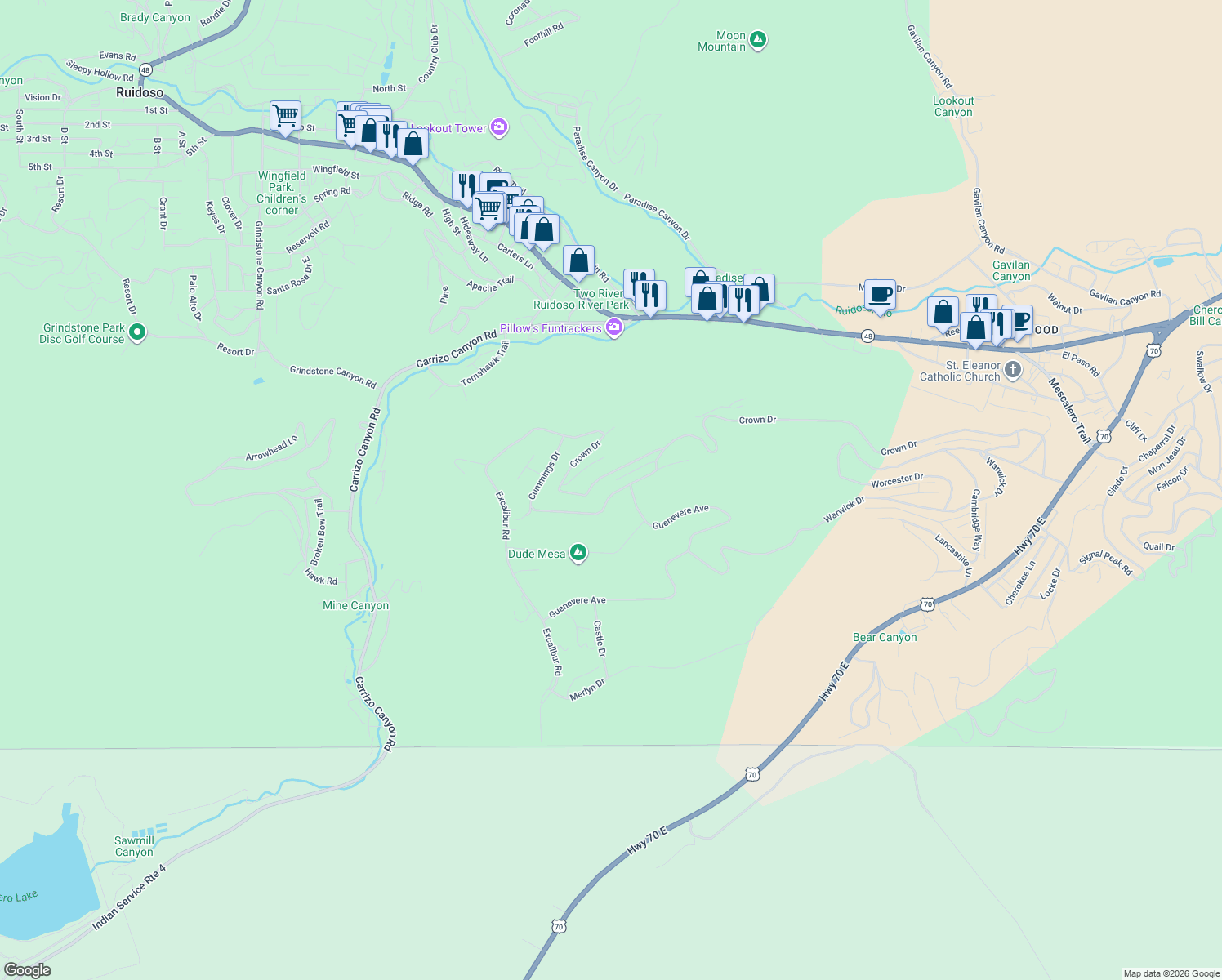 map of restaurants, bars, coffee shops, grocery stores, and more near 215-225 Crown Dr in Ruidoso