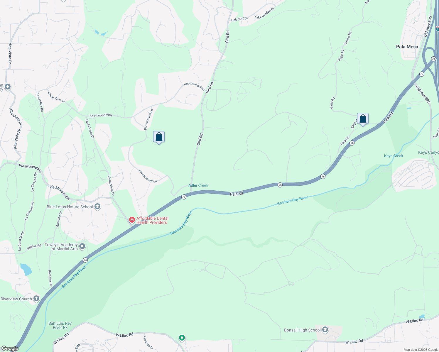 map of restaurants, bars, coffee shops, grocery stores, and more near 3516-3702 Pala Road in Fallbrook