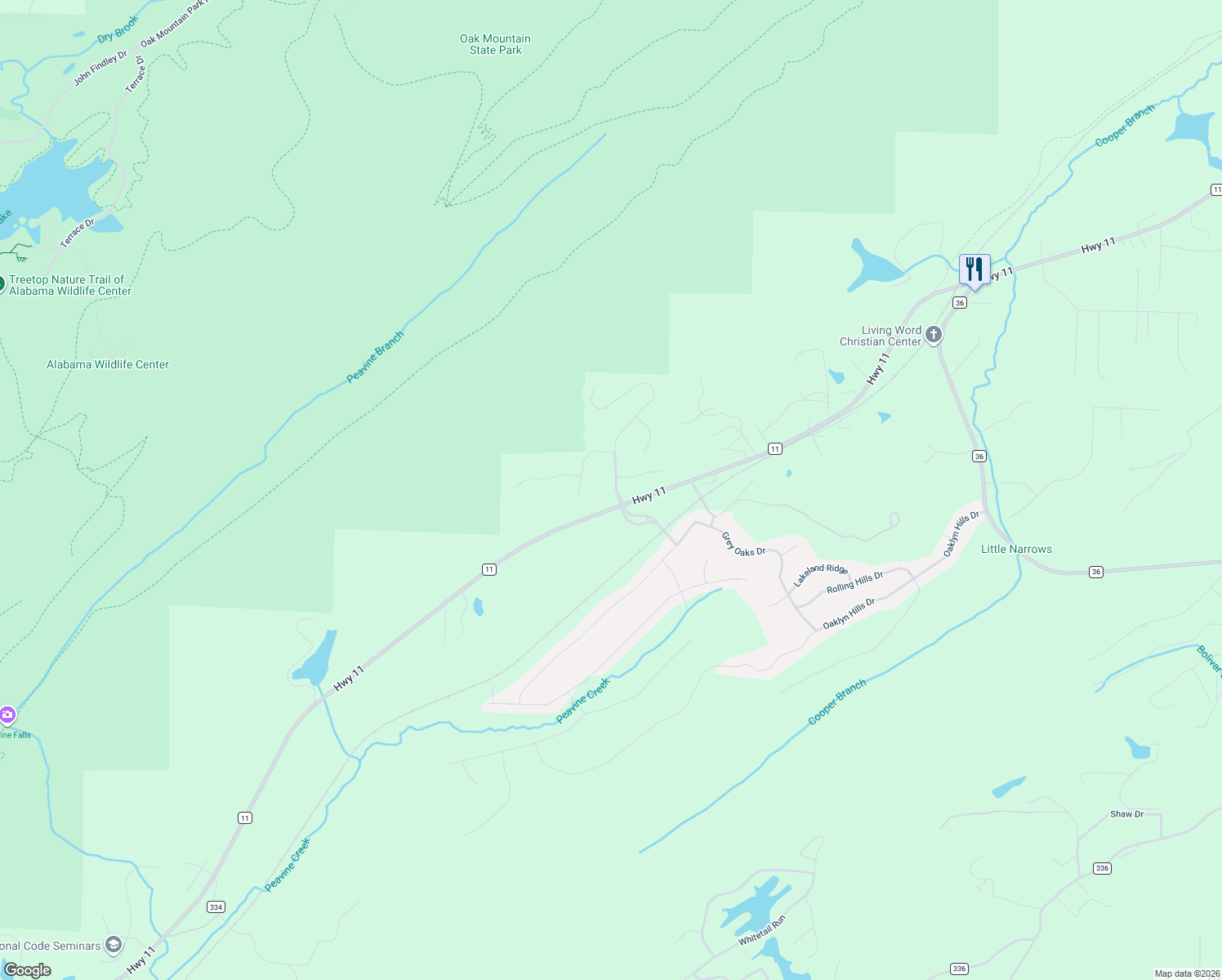 map of restaurants, bars, coffee shops, grocery stores, and more near 104 Wild Timber Parkway in Pelham
