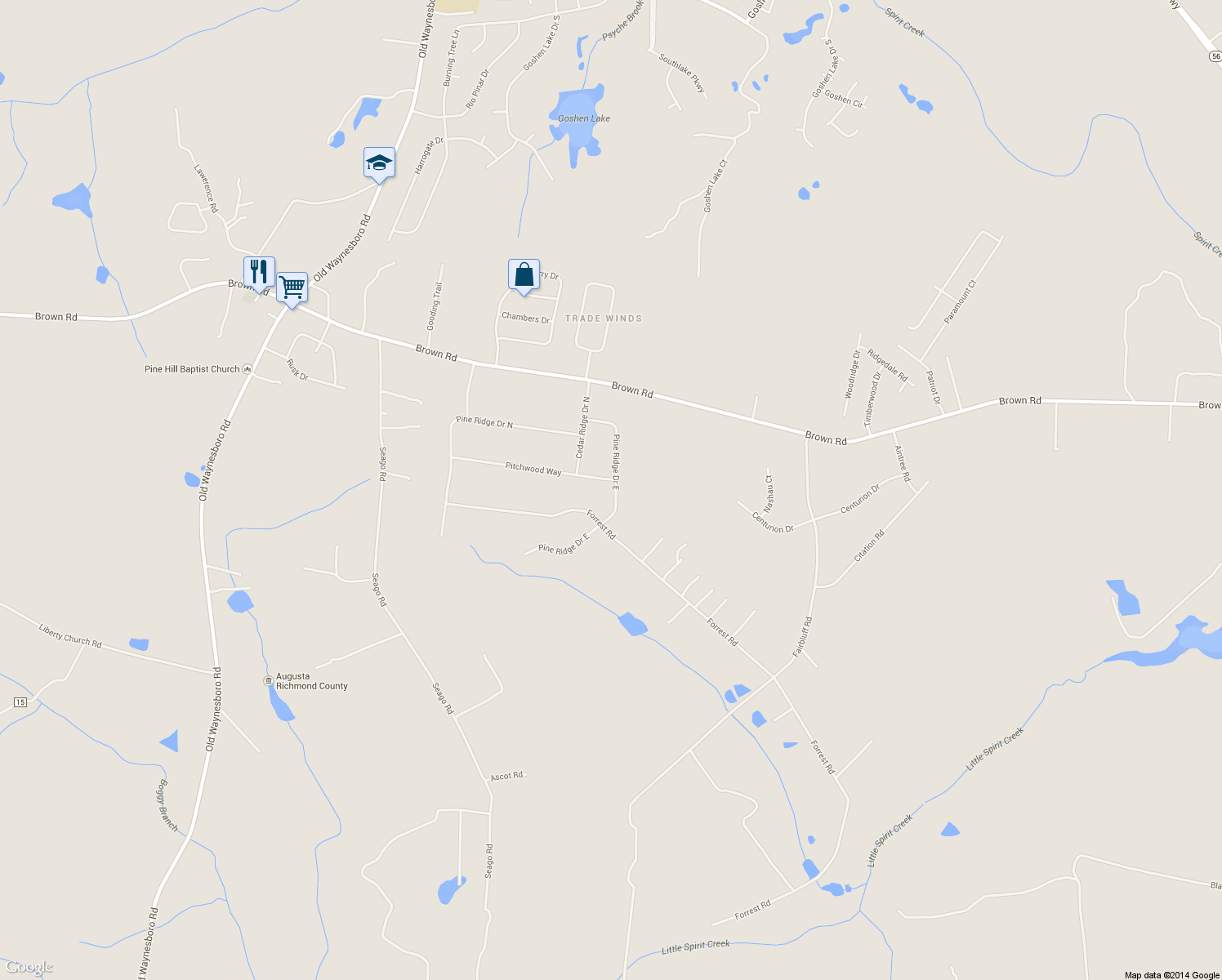 map of restaurants, bars, coffee shops, grocery stores, and more near 1518 Pine Ridge Drive East in Hephzibah