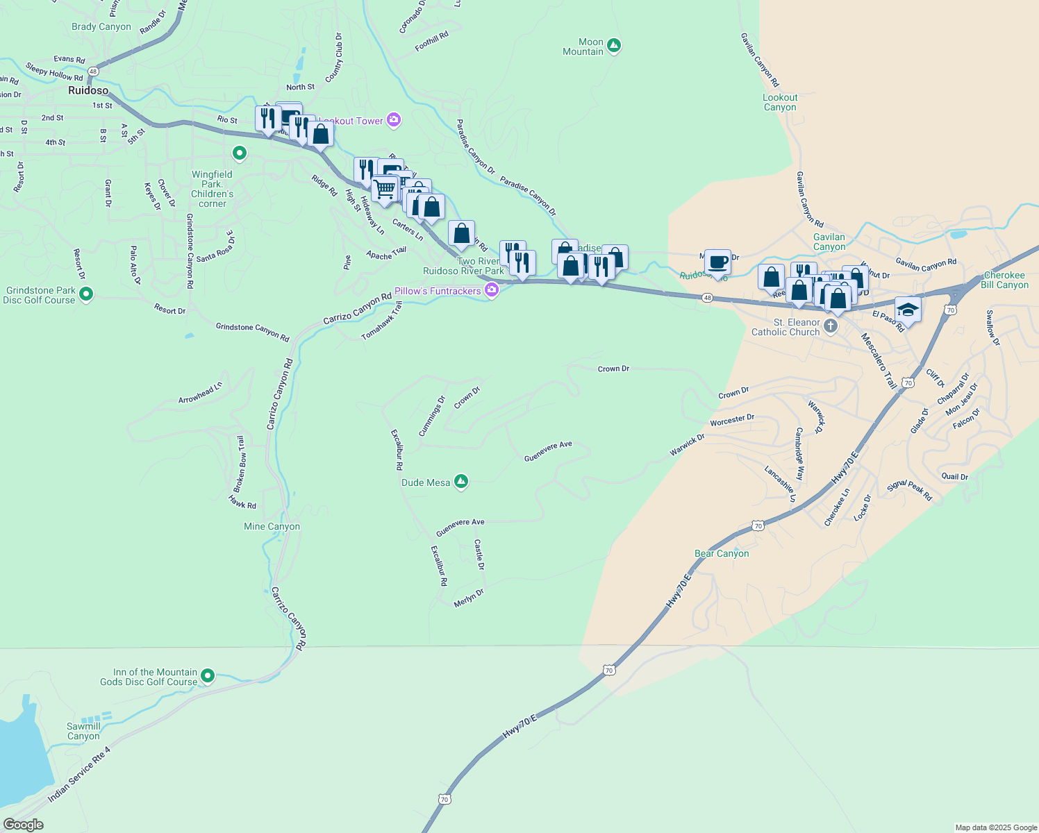 map of restaurants, bars, coffee shops, grocery stores, and more near Allen Way in Ruidoso