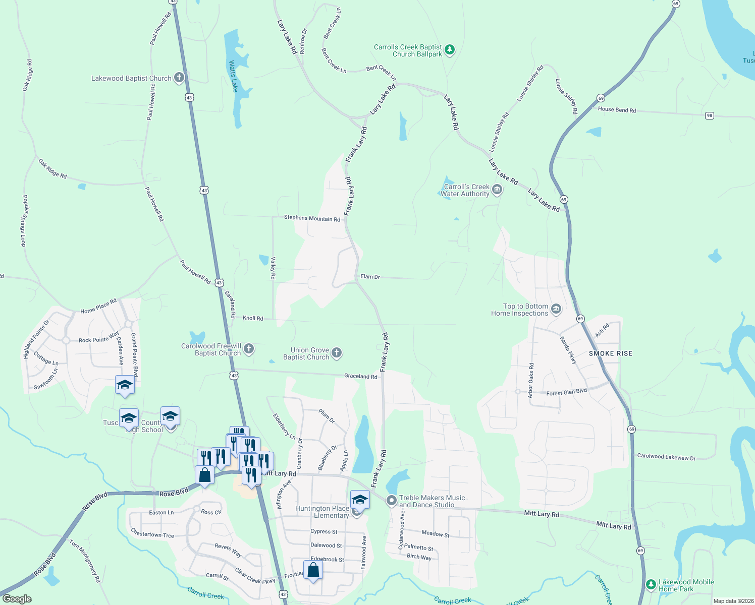 map of restaurants, bars, coffee shops, grocery stores, and more near 13800-13878 Frank Lary Road in Northport