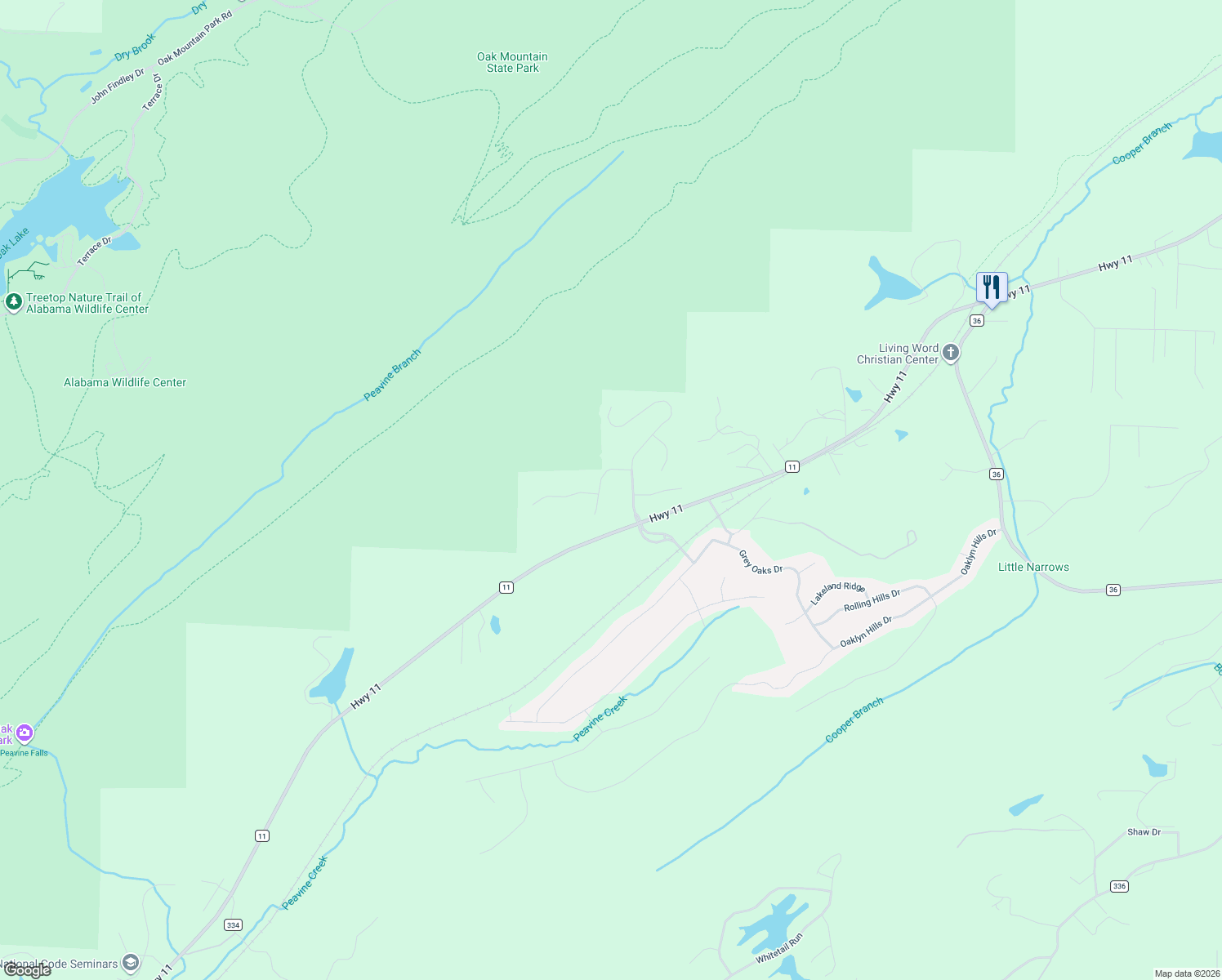 map of restaurants, bars, coffee shops, grocery stores, and more near 104 Wild Timber Parkway in Pelham