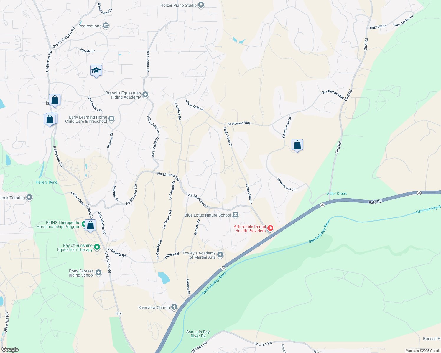 map of restaurants, bars, coffee shops, grocery stores, and more near 2008 Kristi Court in Fallbrook