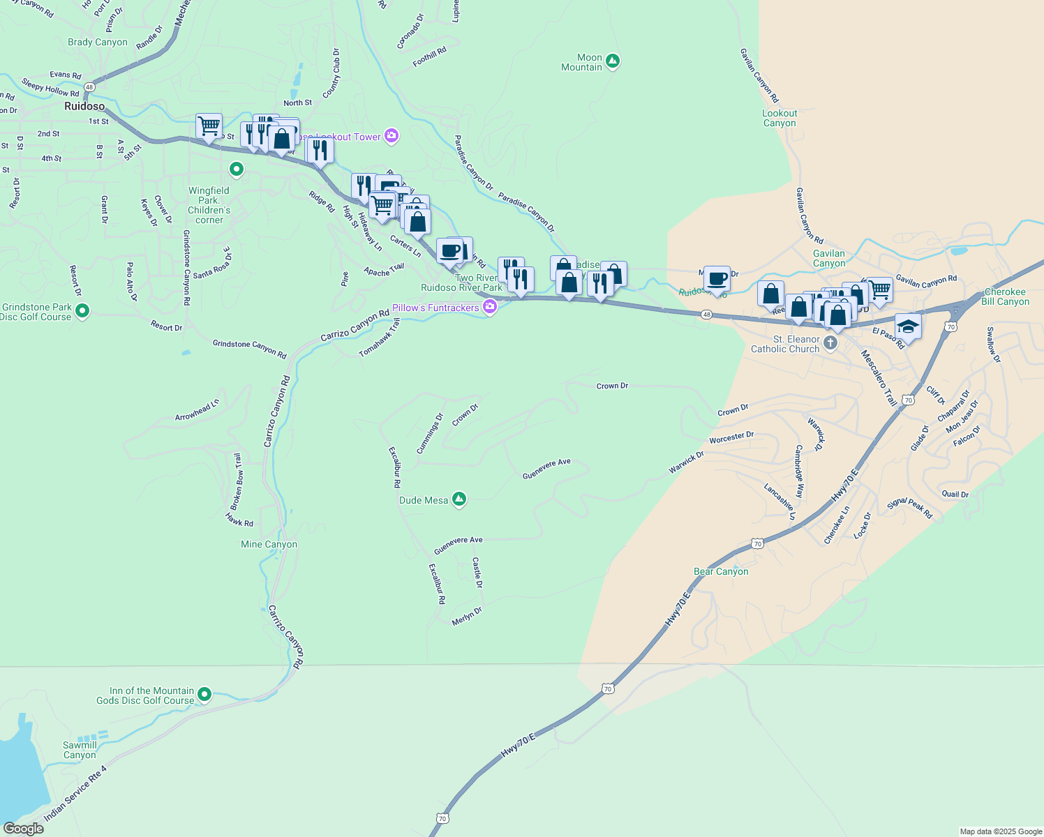 map of restaurants, bars, coffee shops, grocery stores, and more near Allen Way in Ruidoso