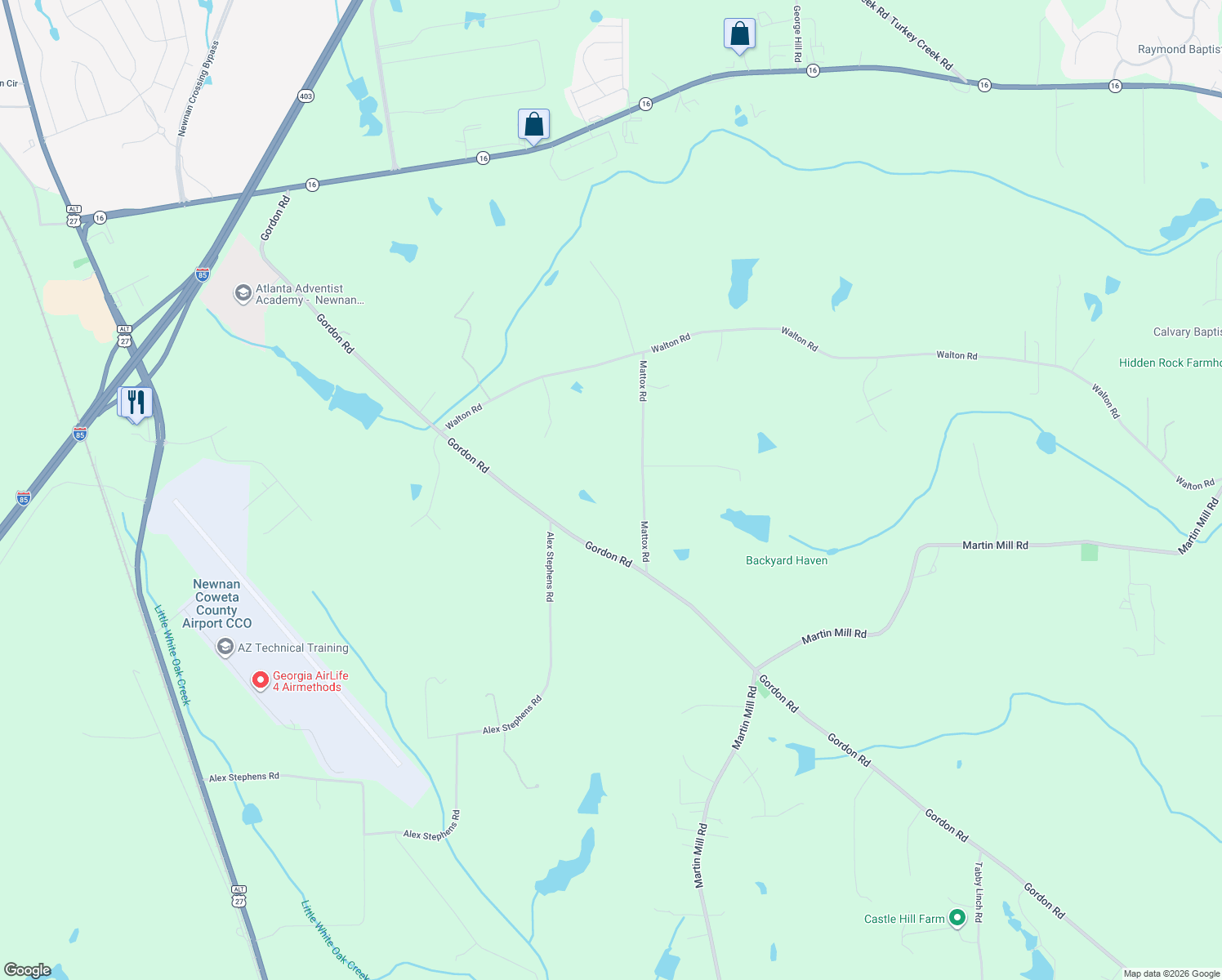 map of restaurants, bars, coffee shops, grocery stores, and more near 20 Mattox Road in Newnan