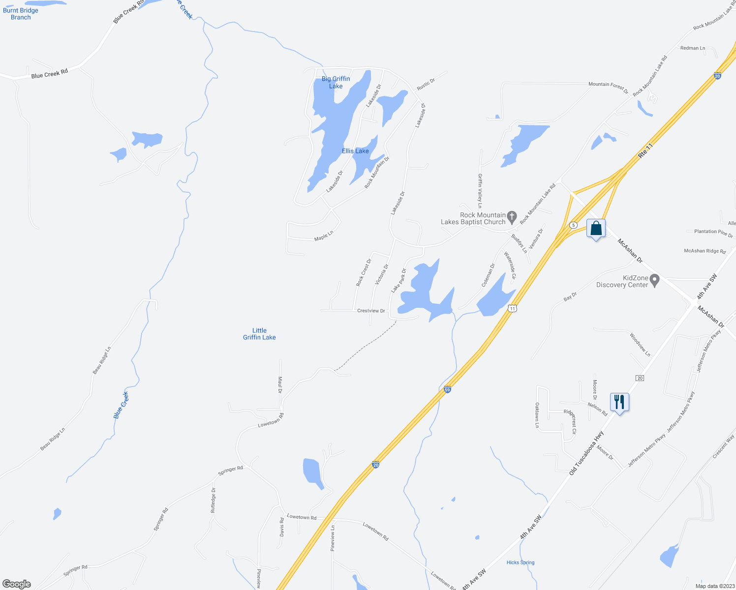 map of restaurants, bars, coffee shops, grocery stores, and more near 1152 Victoria Drive in McCalla