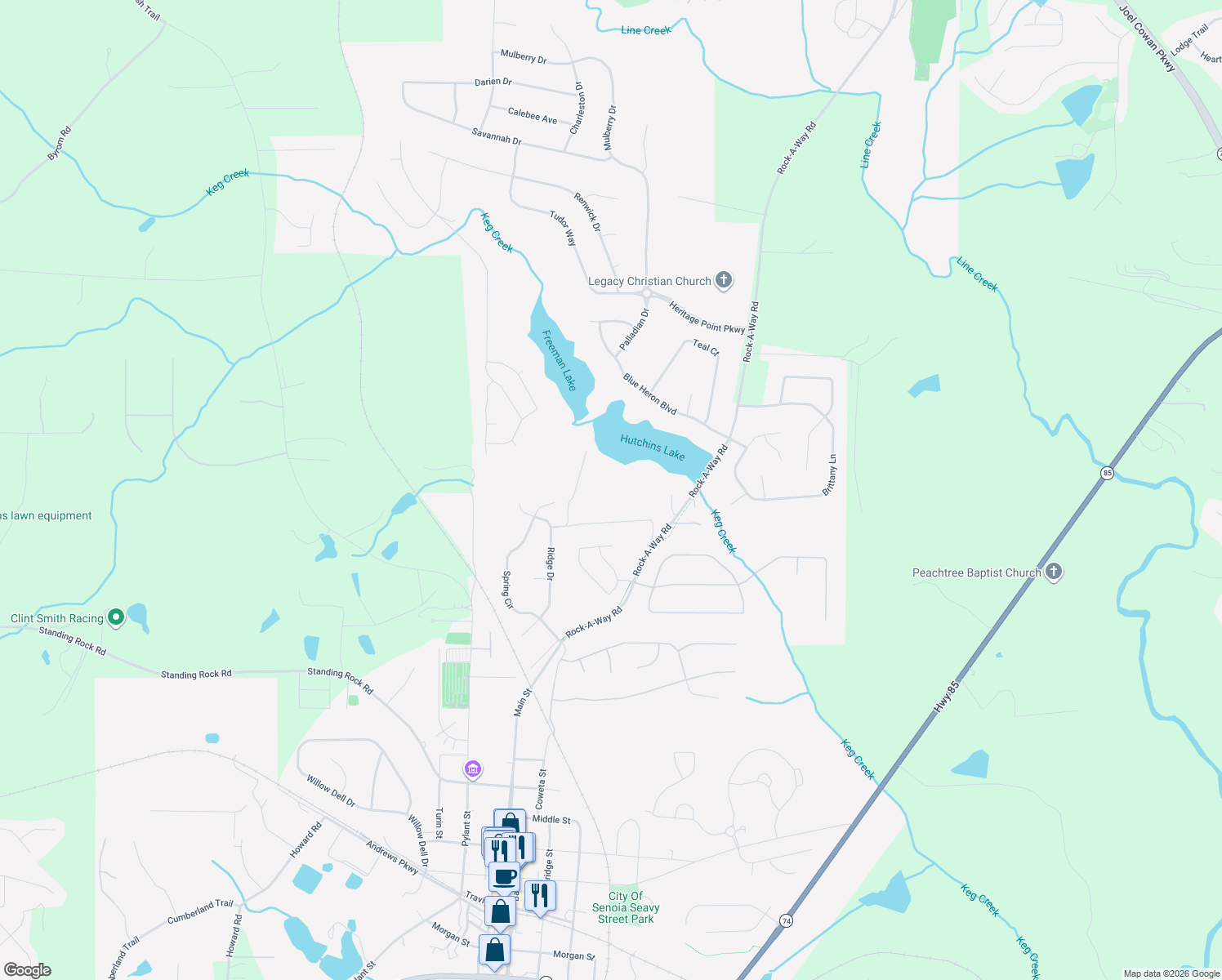 map of restaurants, bars, coffee shops, grocery stores, and more near 8 Hutchinson Lake Road in Senoia