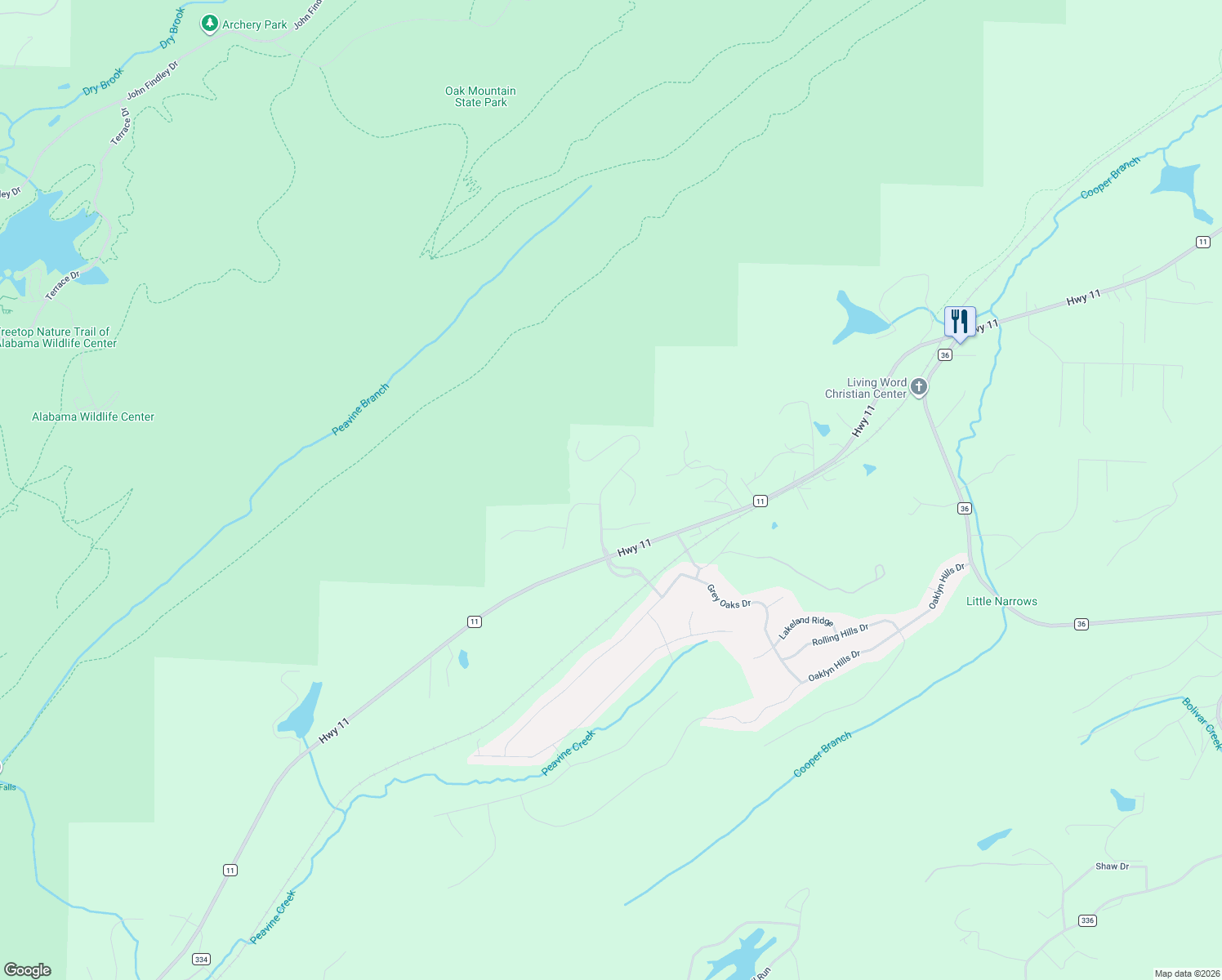 map of restaurants, bars, coffee shops, grocery stores, and more near 133 Wild Timber Parkway in Pelham
