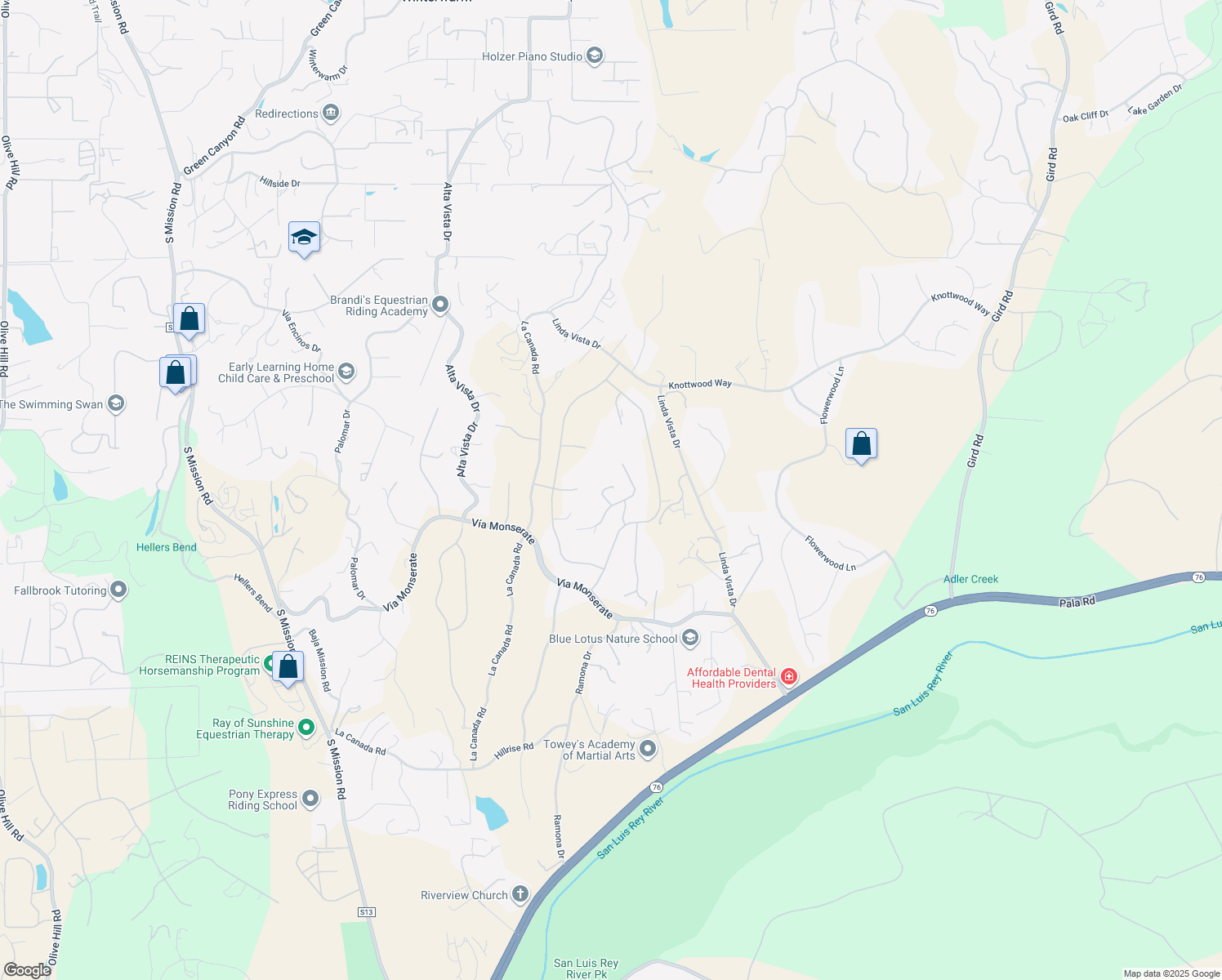 map of restaurants, bars, coffee shops, grocery stores, and more near 3917 Wendi Court in Fallbrook