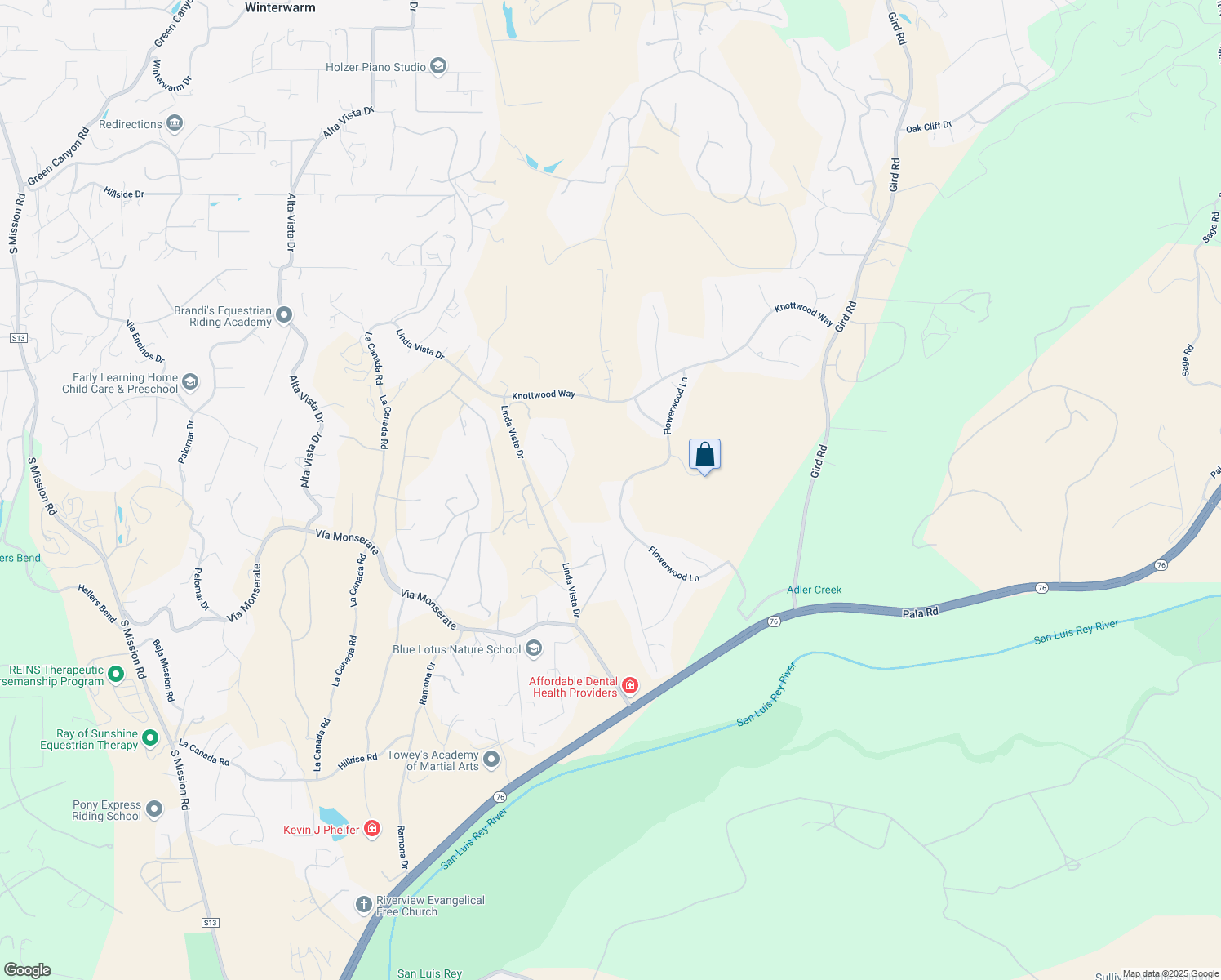 map of restaurants, bars, coffee shops, grocery stores, and more near 3825 Flowerwood Lane in Fallbrook