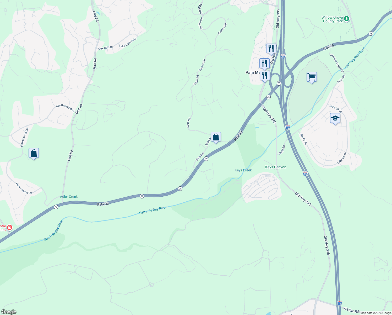 map of restaurants, bars, coffee shops, grocery stores, and more near 4216 California 76 in Fallbrook