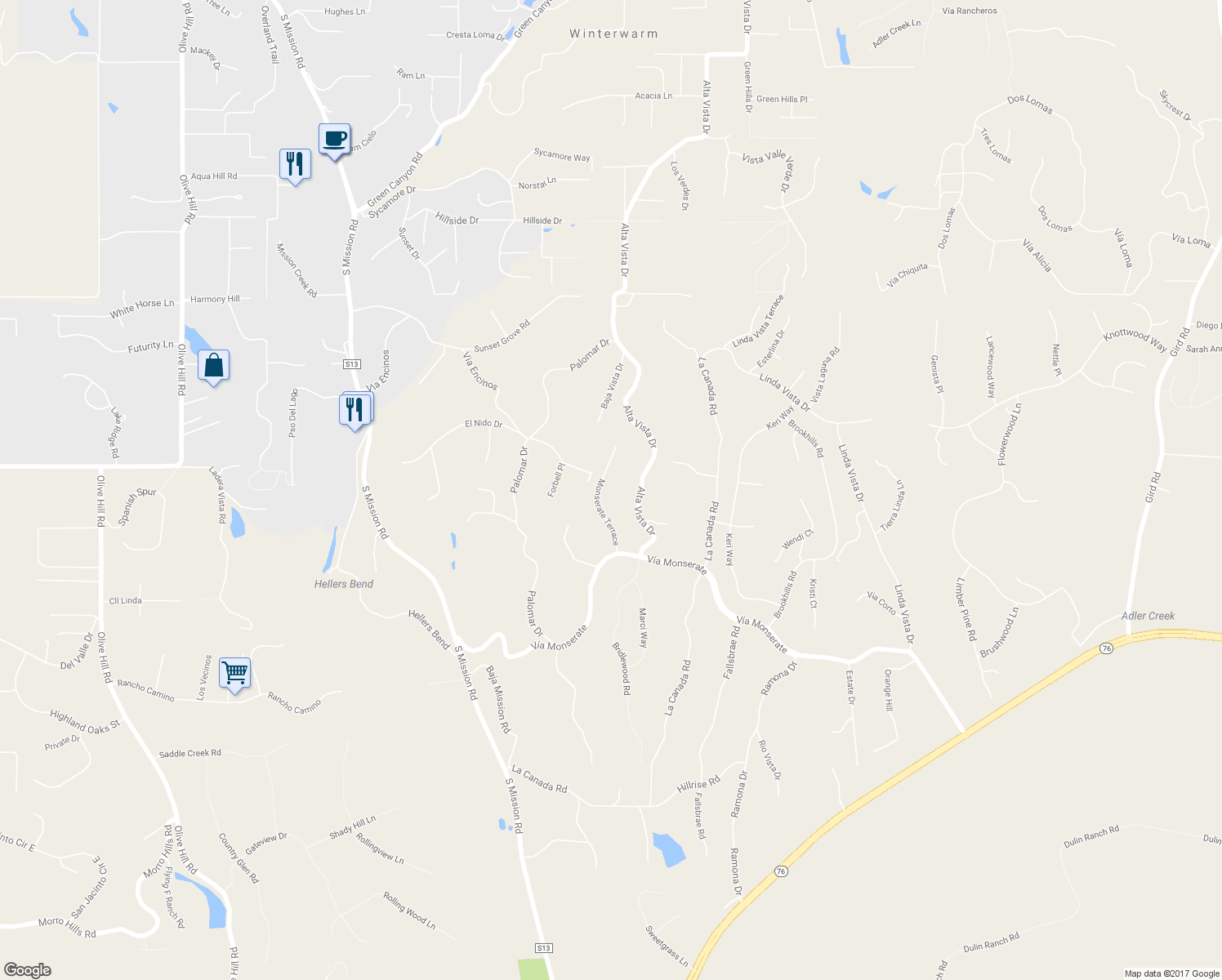map of restaurants, bars, coffee shops, grocery stores, and more near 3916 Monserate Terrace in Fallbrook
