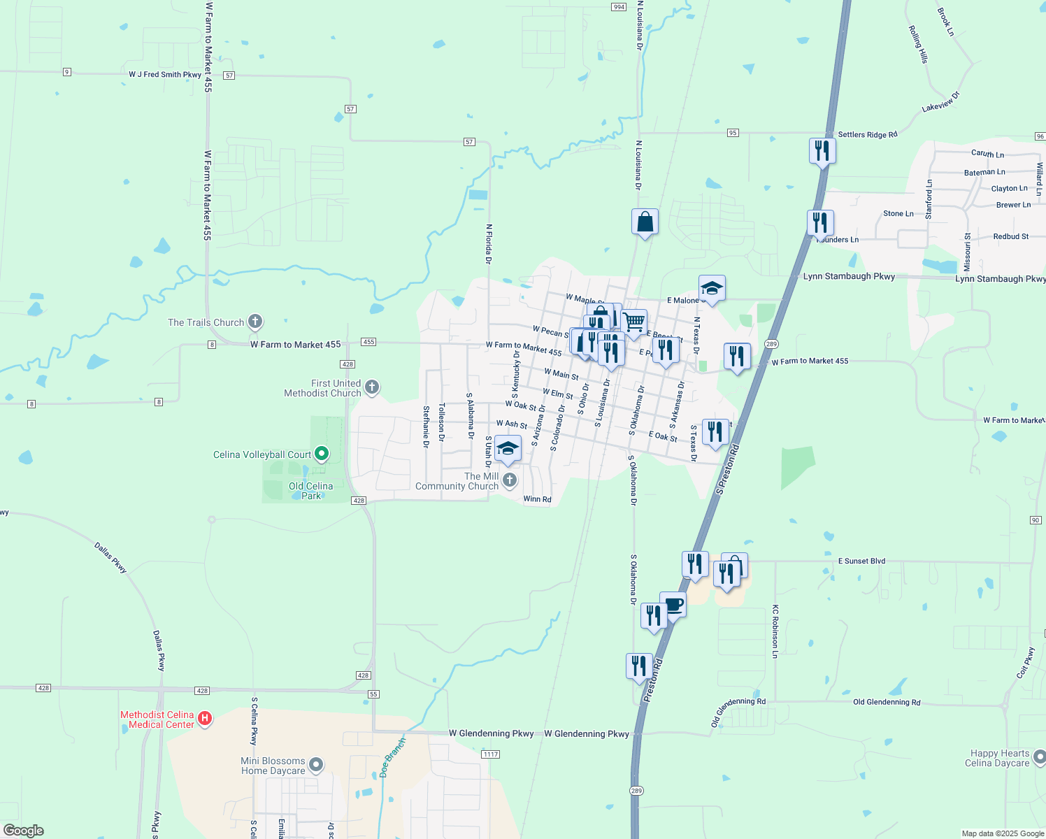 map of restaurants, bars, coffee shops, grocery stores, and more near 513 West Ash Street in Celina
