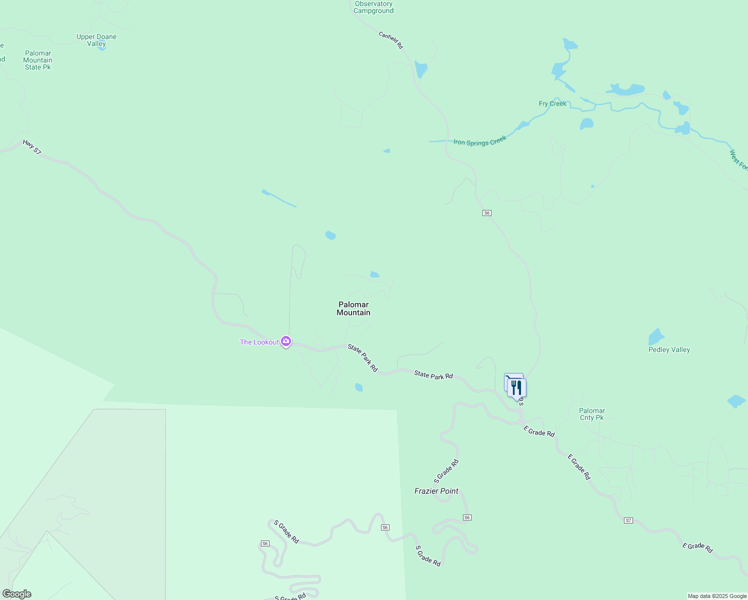 map of restaurants, bars, coffee shops, grocery stores, and more near 33613 Bailey Meadow Road in Palomar Mountain