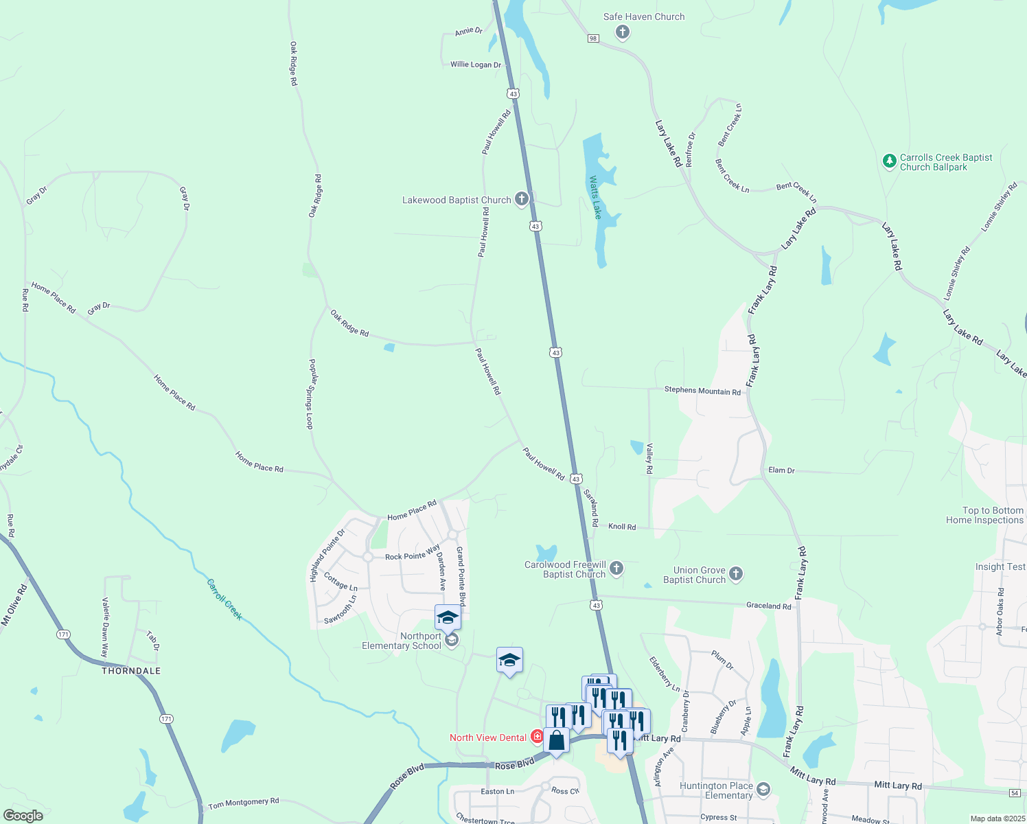 map of restaurants, bars, coffee shops, grocery stores, and more near 14155 Paul Howell Road in Northport