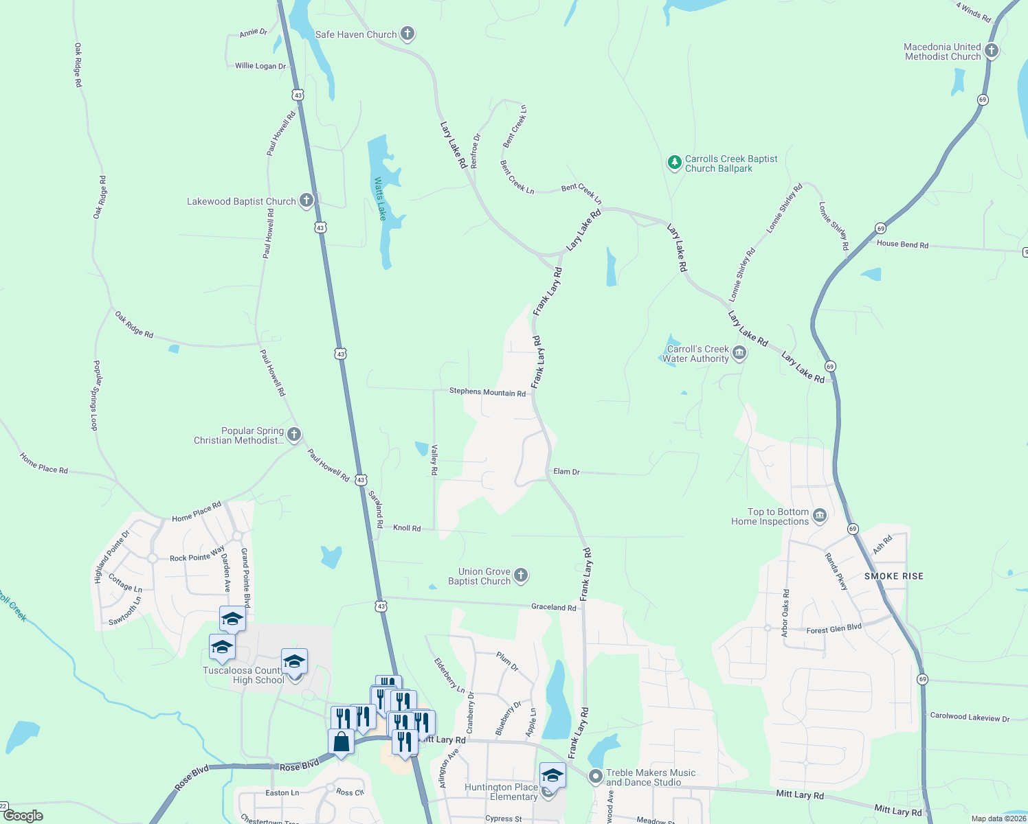 map of restaurants, bars, coffee shops, grocery stores, and more near 14200 Frank Lary Road in Northport