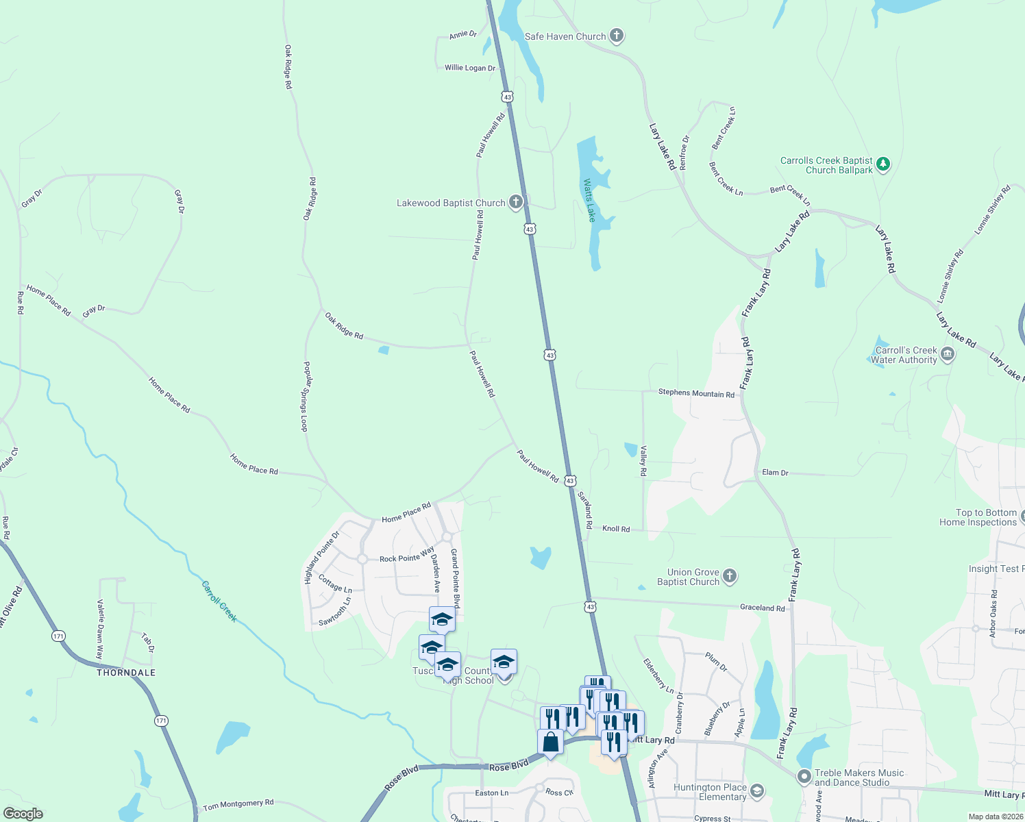 map of restaurants, bars, coffee shops, grocery stores, and more near 14135 Paul Howell Road in Northport