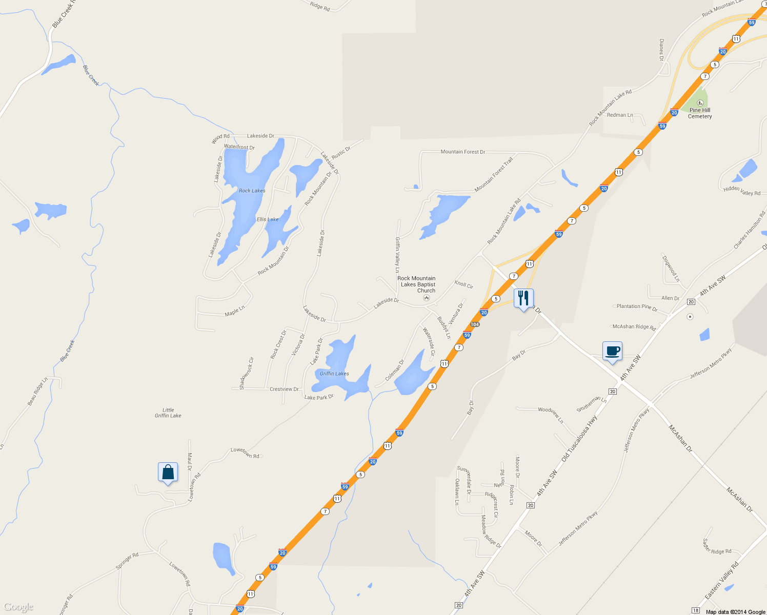 map of restaurants, bars, coffee shops, grocery stores, and more near 923 Lakeside Drive in McCalla