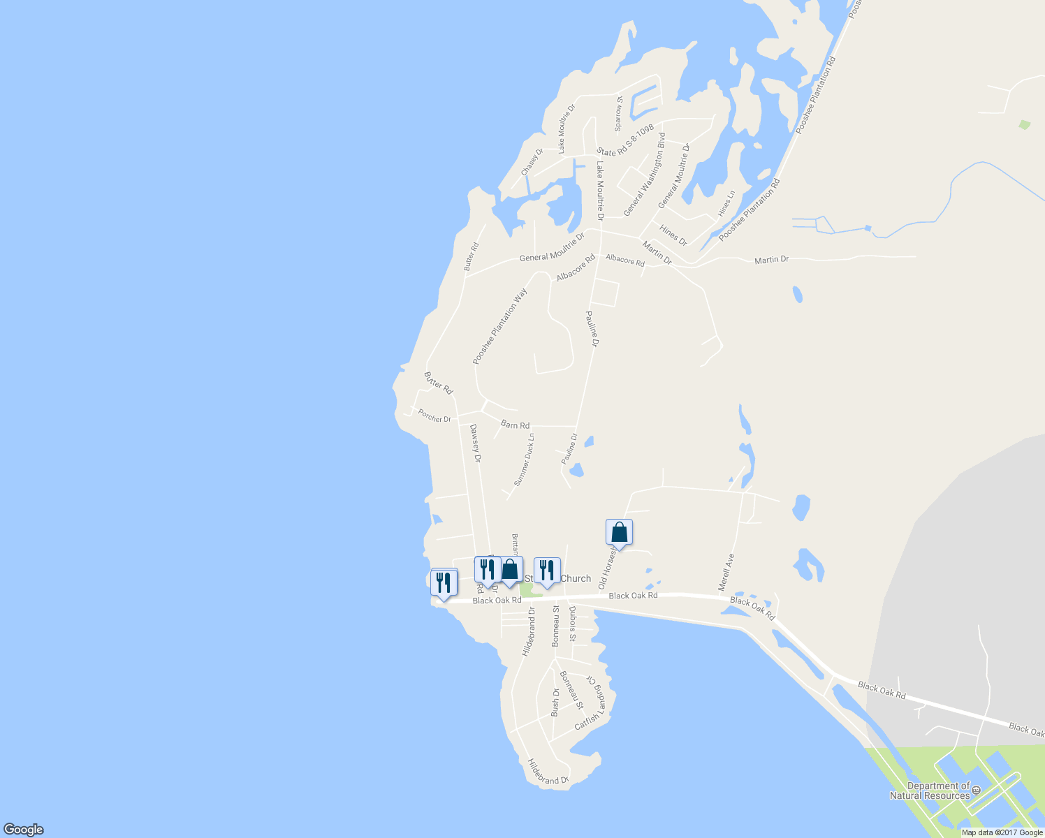 map of restaurants, bars, coffee shops, grocery stores, and more near 642 Barn Road in Bonneau