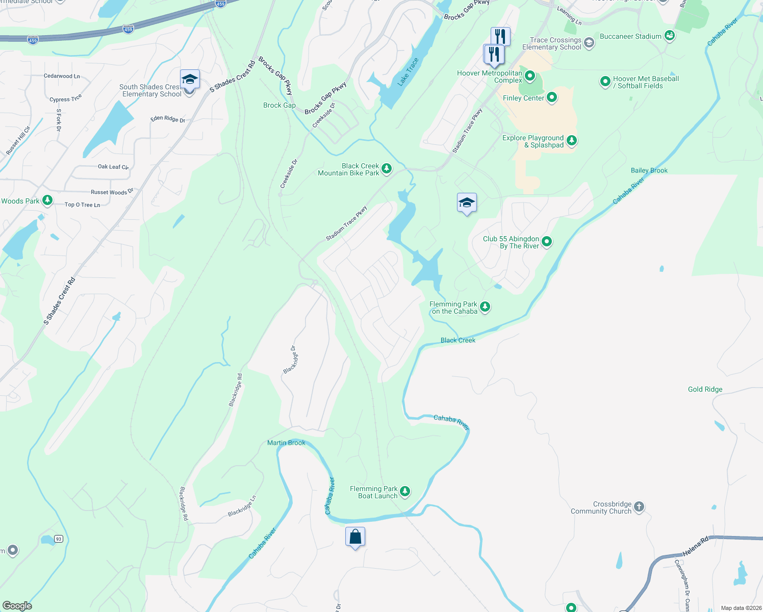 map of restaurants, bars, coffee shops, grocery stores, and more near 3092 Sydenton Drive in Hoover