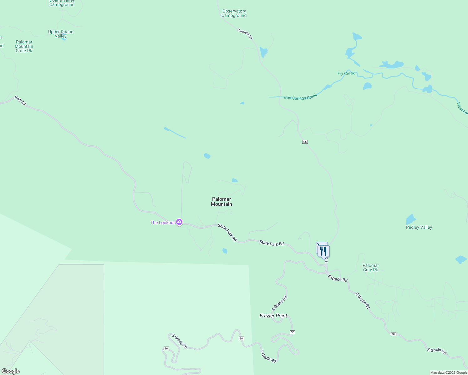 map of restaurants, bars, coffee shops, grocery stores, and more near 33637 Cold Springs Trail in Palomar Mountain