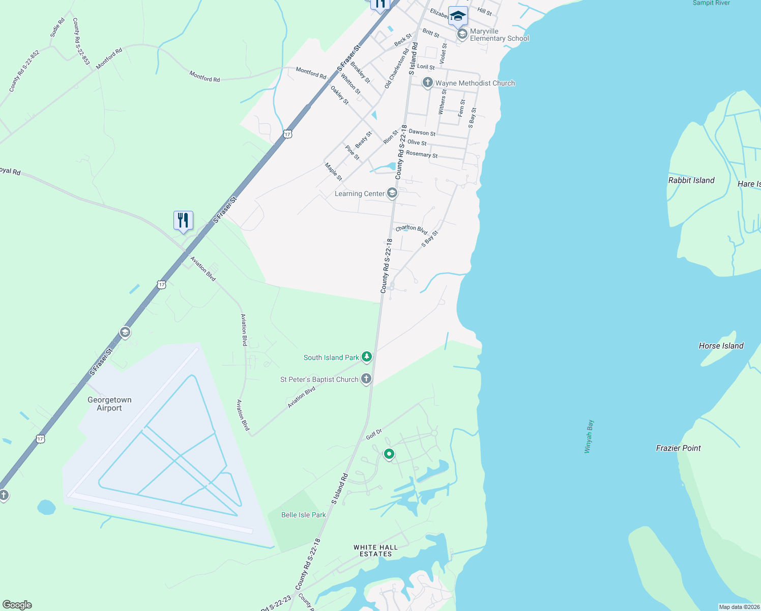map of restaurants, bars, coffee shops, grocery stores, and more near 3030 S Island Rd in Georgetown