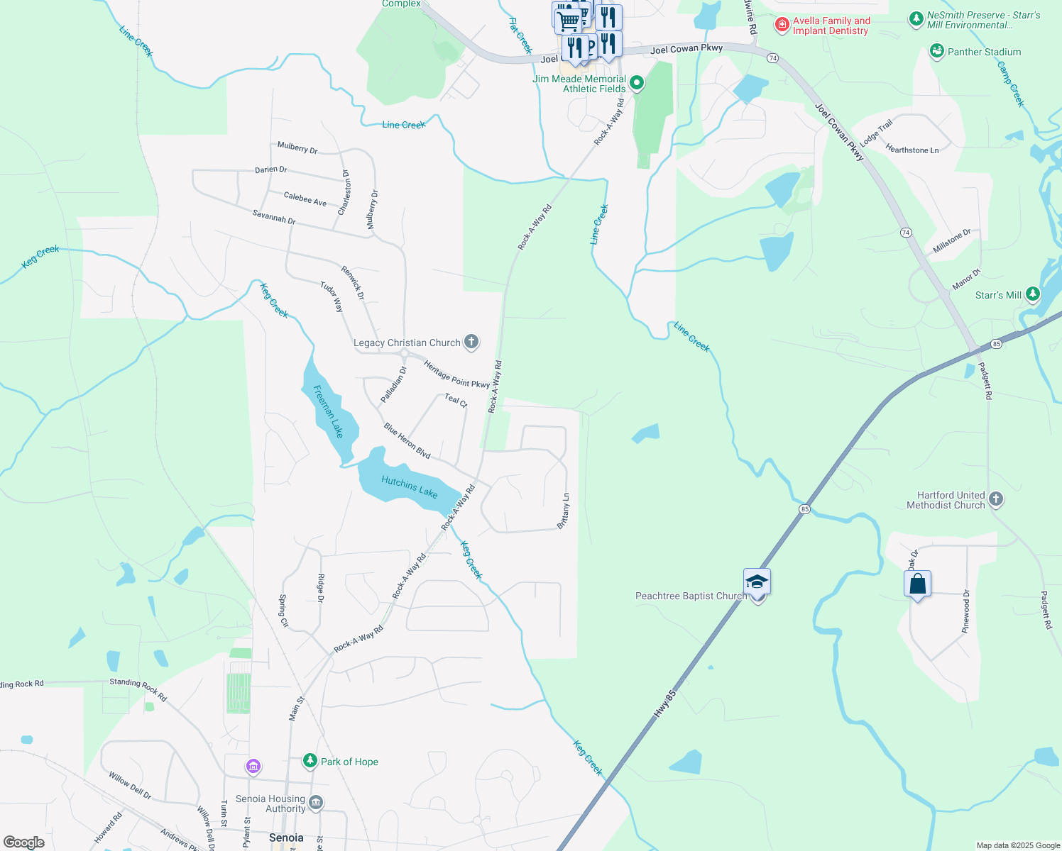 map of restaurants, bars, coffee shops, grocery stores, and more near 530 Christian Circle in Senoia