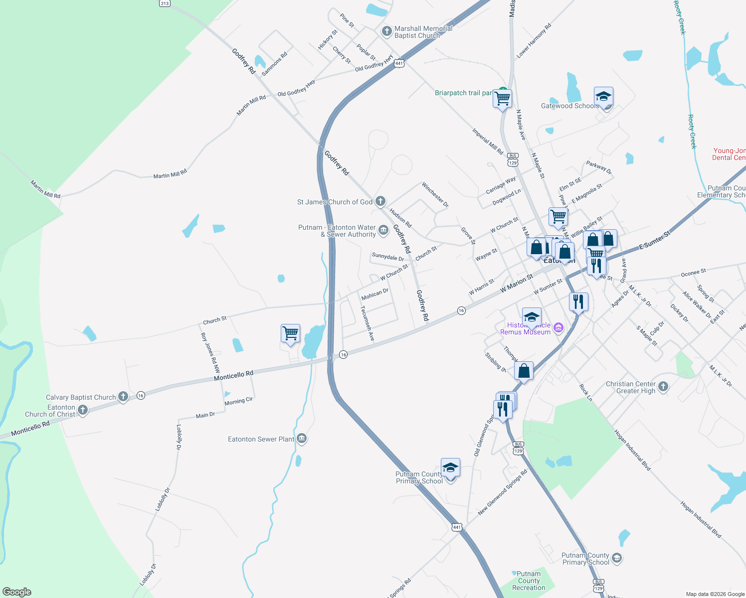 map of restaurants, bars, coffee shops, grocery stores, and more near 107 Mohican Dr in Eatonton