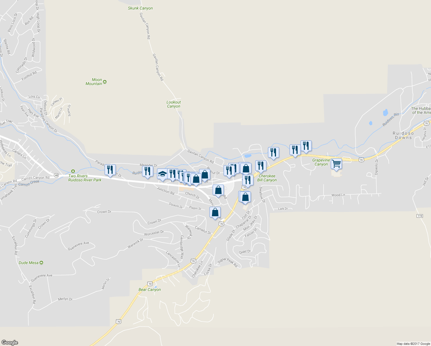 map of restaurants, bars, coffee shops, grocery stores, and more near 391 Walnut Drive in Ruidoso