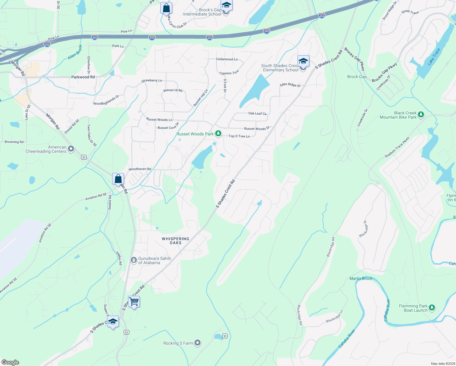 map of restaurants, bars, coffee shops, grocery stores, and more near 4000 South Shades Crest Road in Hoover
