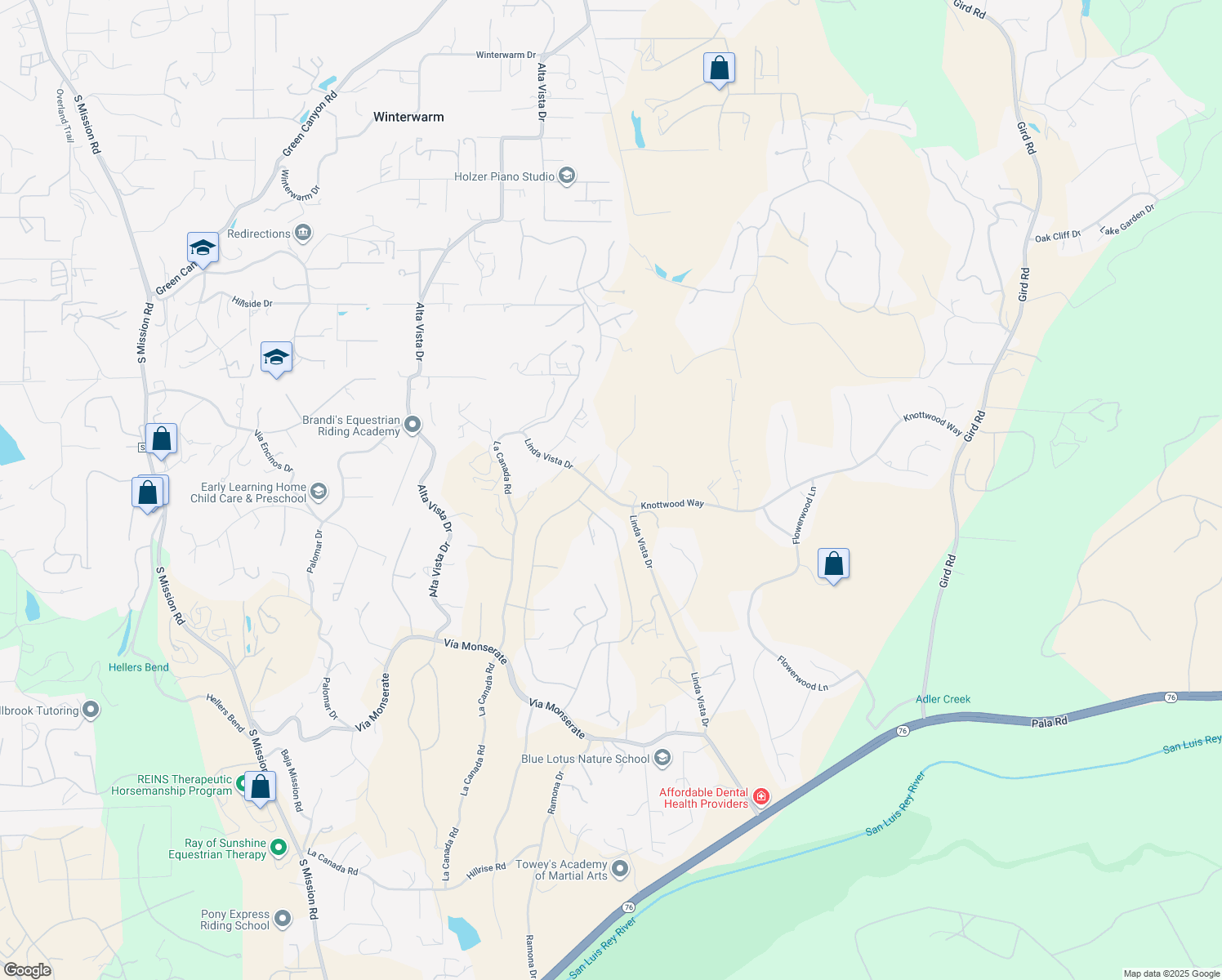 map of restaurants, bars, coffee shops, grocery stores, and more near 3592 Vista Laguna Road in Fallbrook