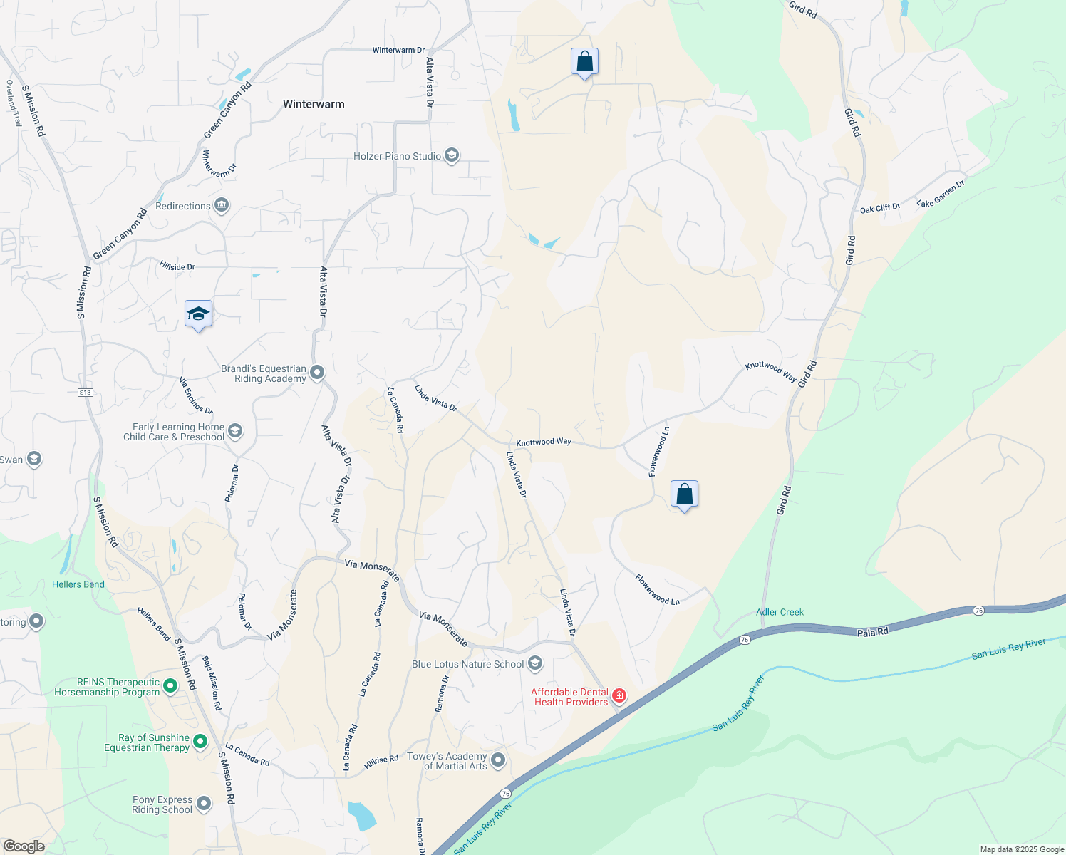 map of restaurants, bars, coffee shops, grocery stores, and more near 2546 Knottwood Way in Fallbrook