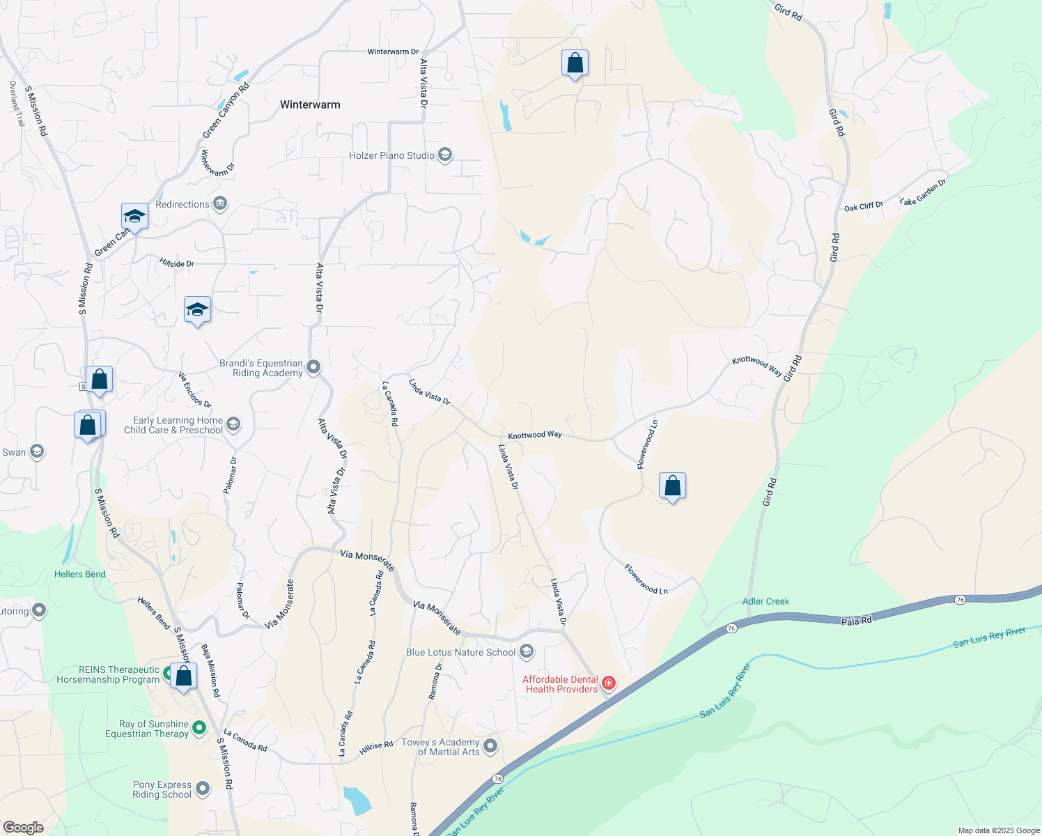 map of restaurants, bars, coffee shops, grocery stores, and more near 2546 Knottwood Way in Fallbrook