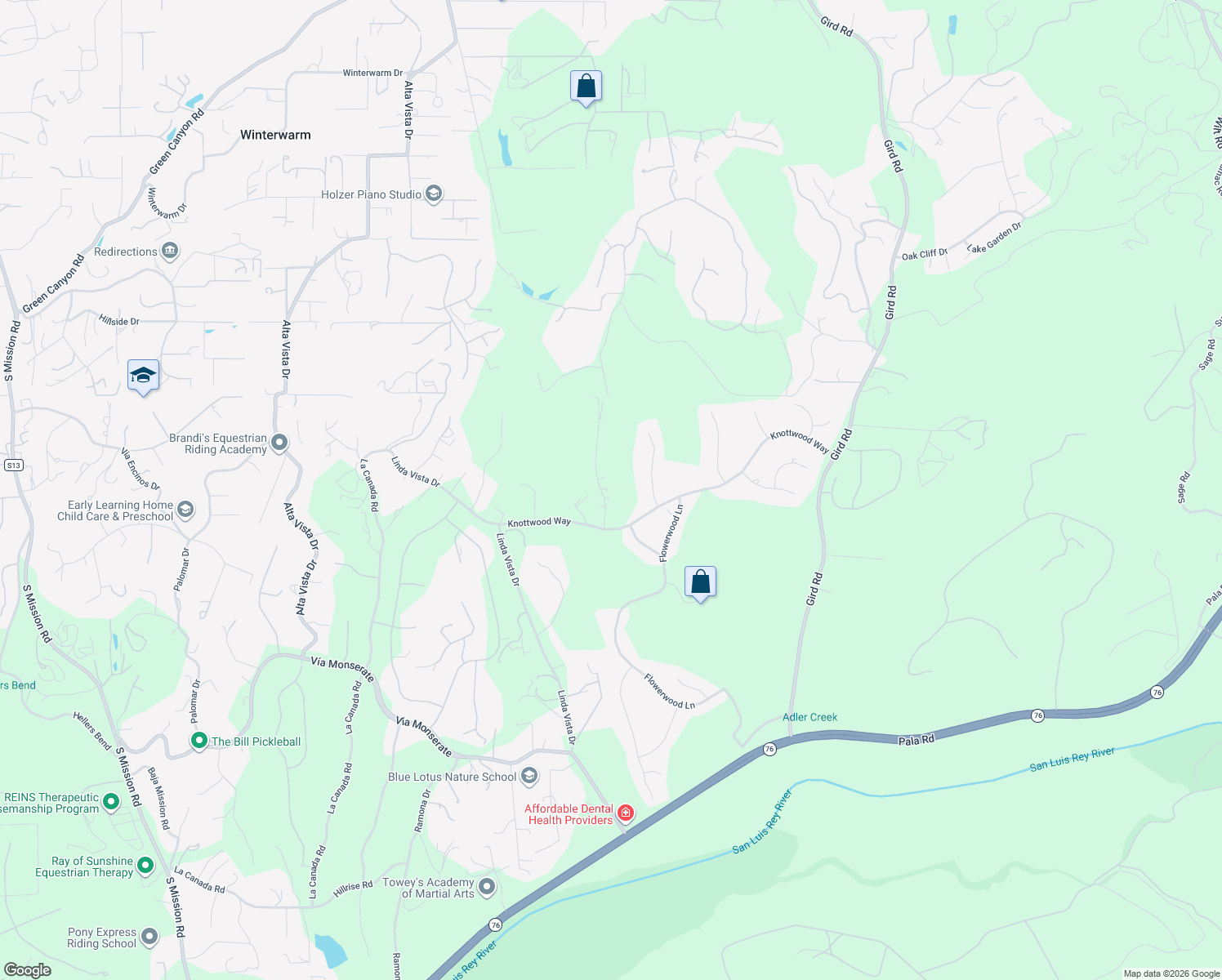 map of restaurants, bars, coffee shops, grocery stores, and more near 3664 Genista Place in Fallbrook