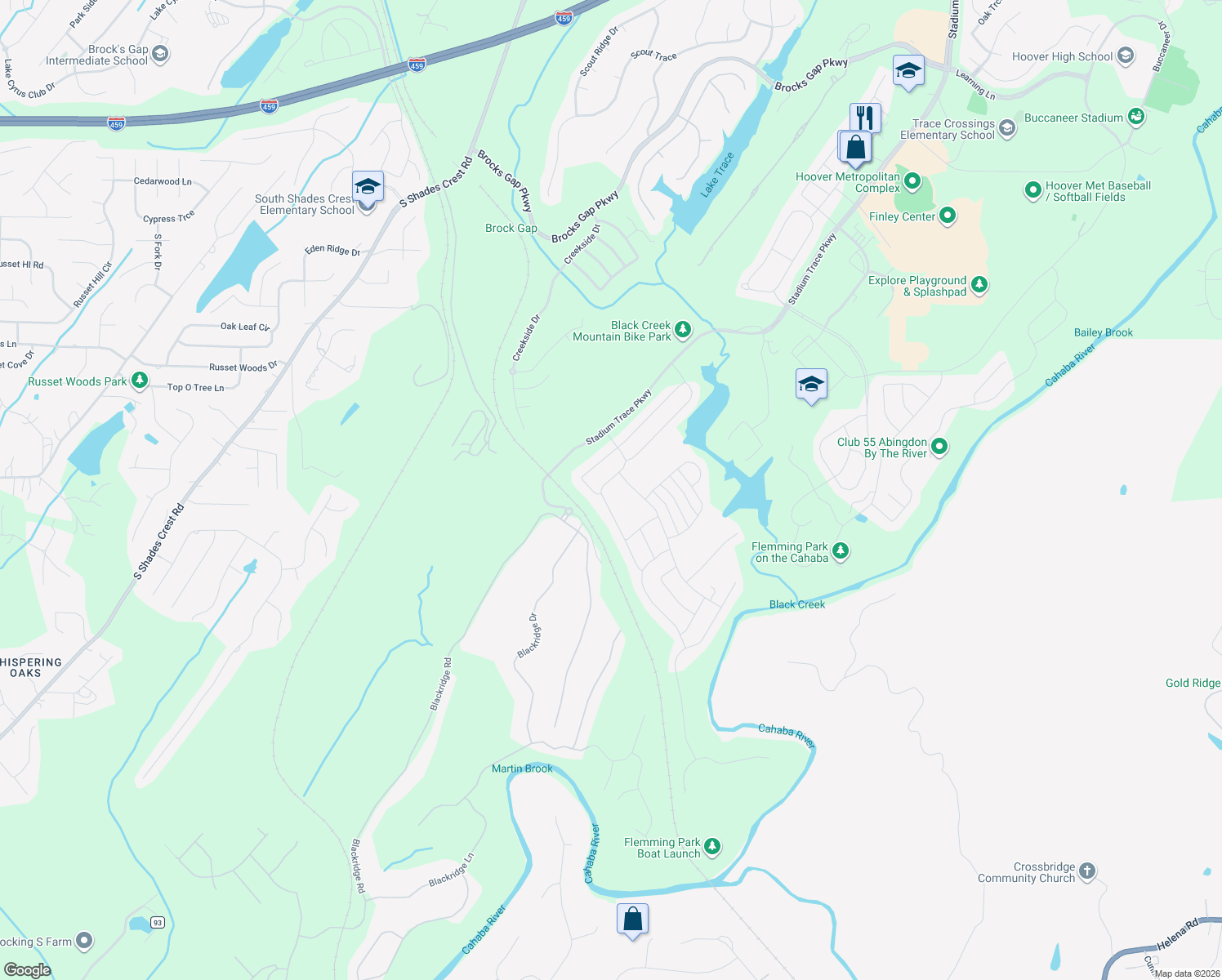 map of restaurants, bars, coffee shops, grocery stores, and more near 1545 Wilborn Run in Hoover
