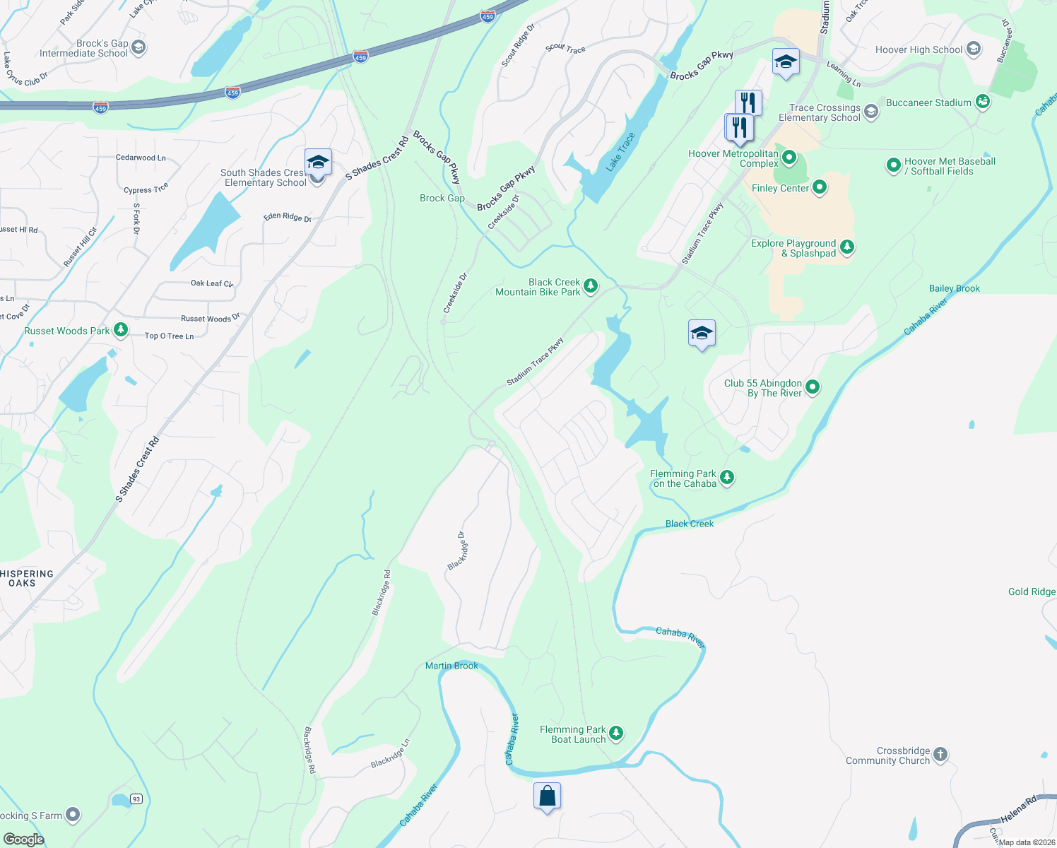 map of restaurants, bars, coffee shops, grocery stores, and more near 1545 Wilborn Run in Hoover